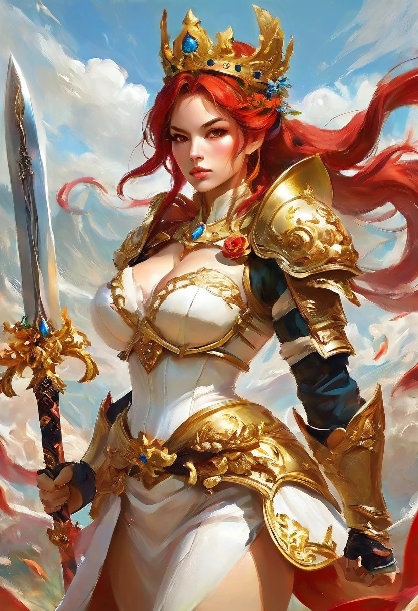 Top quality, 2 mature women fighting, huge breasts, giant ass, lots of curves, full lips, seductive, white goddess armor, flower crown, gold jewelry, goddess, curvy physique, thick thighs, long black hair with red eyes, red locks, simple ponytail, thin bangs, in her left hand she holds a long sword, in her right hand she holds a battle axe, wearing short mail, female human warrior fighting each other.