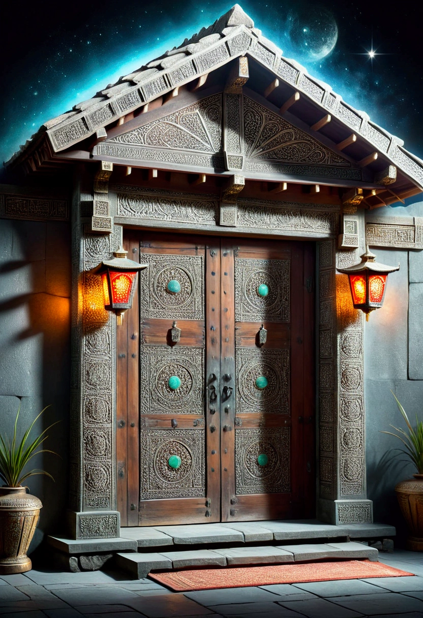 Depicts a stone door with an ancient pattern engraved on it, which serves as an entrance to another space. The viewpoint is close to the ground and the composition looks up at the door from a low position, giving it a mysterious, powerful feel. The door is finely engraved with intricate ancient patterns and a faint shining light can be seen on the dark stone surface. Another light leaks out from the other side of the door, creating a hazy mist and a mysterious aura around the door, creating a mystical atmosphere. In another dimensional landscape, angular stones and round lights are floating in the air.
Ancient writing is painted on the ground and small stone pillars and lanterns surround the door, creating a ceremonial scene.