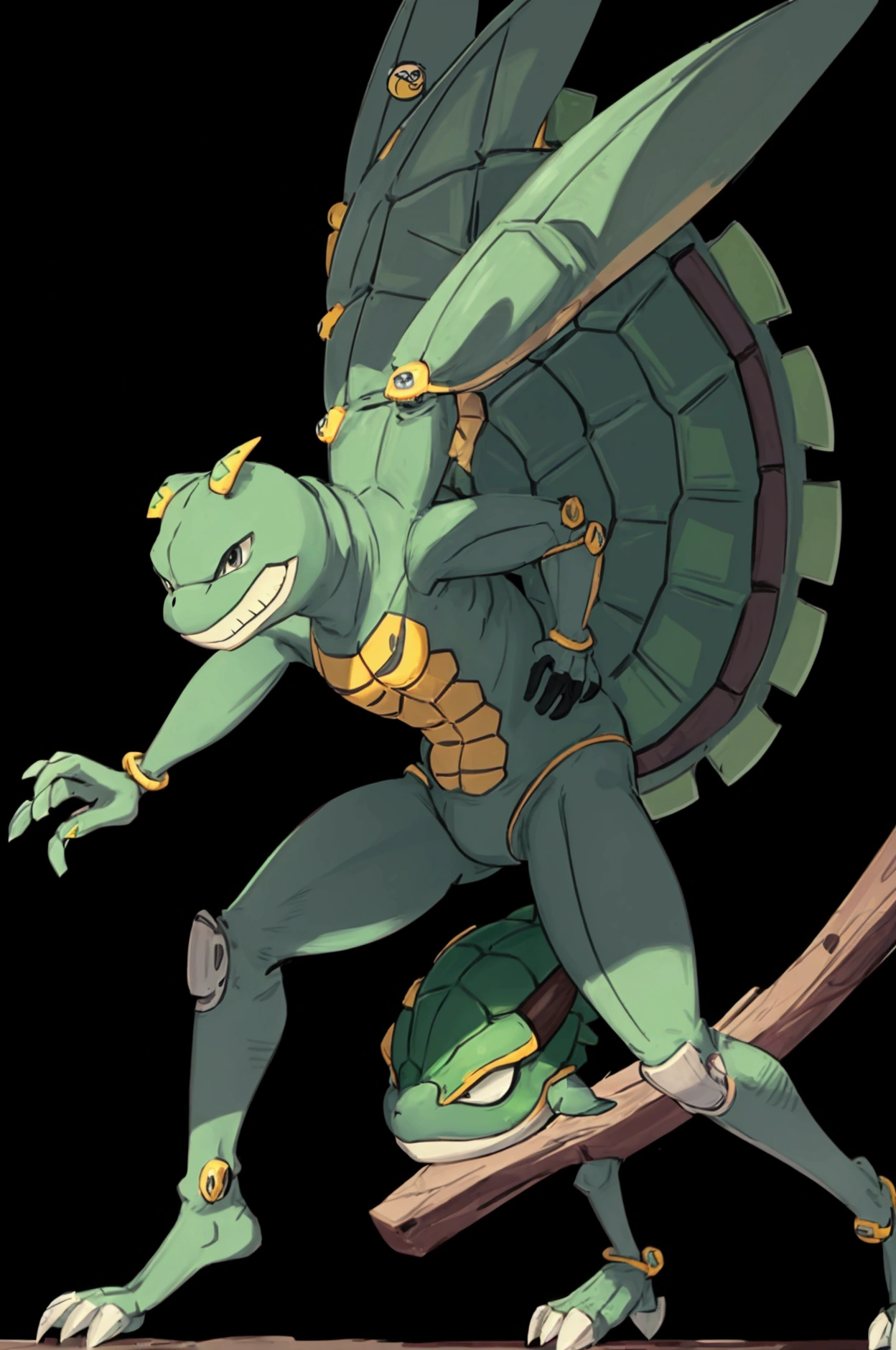 Alone, eyes, alligator, long snout, Sharp teeth, Dams, thick face, It's wide, large shoulders, muscular, polir, strong, high, giant, massive, Huge, giantsco, big biceps, big pecs, green body, green skin, yellow eyes, detailed crotch, bulto massive, by darkgem, por mystikfox61, by chunie, por vader-san, looking at the viewer, dirty, dramatic, City, alley, blue space suit, uniform