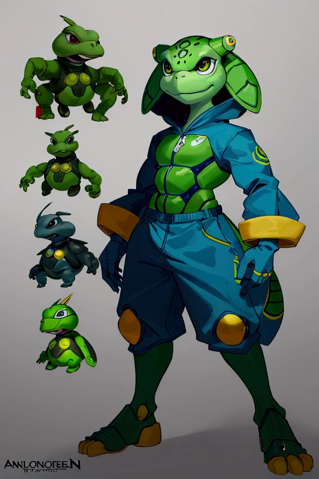  cartoon turtle with a green shell and a yellow shell on its back, anthropomorphic turtle  humanoid, as an anthropomorphic turtle ,  Monster humanoid turtle , anthropomorphic turtle , an anthropomorphic turtle , anthropomorphic turtle  hero,  adult animation with cell shading ,  anthropoid lizard ,  alligator costume 