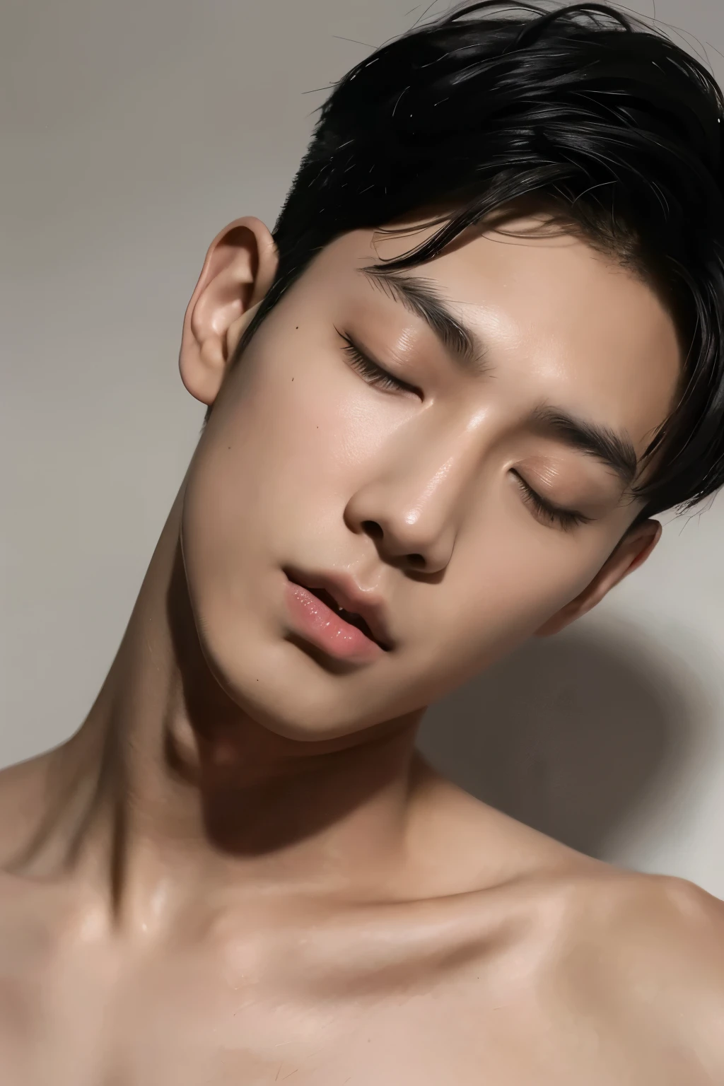 , (masterpiece, ultra quality, high resolution, 8k, intricate: 1.2), (detailed face:1.2), handsome, Young Korean man ,white skin, double eyelids , detailed skin, 1boy, ((realistic)), abs, good lighting quality, muscle veins, ((pale skin)), zoned out, (mouth apart:1.2),(eyes looked up:1.4),(from below:1.4)