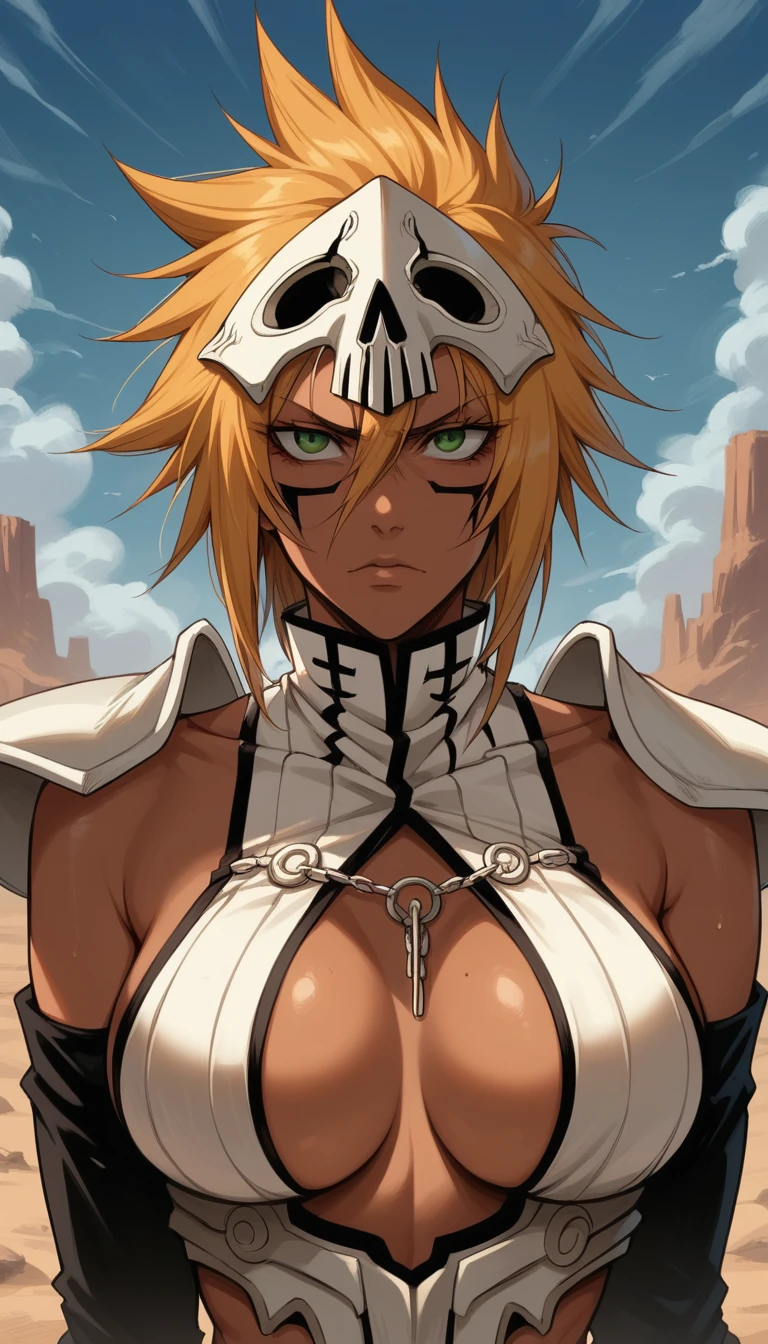  Powerful necklace inspired by Tier Harribel from Bleach , tall and with tanned skin ,  intense green eyes and blond hair short and pointed .  She wears white armor with a skeletal design ,  partially covering the body ,  giving it a fierce and mysterious look .  The armor has details that resemble a shark ,  especially in the chest area and arms ,  similar to a Hollow mask .  She holds a large sword with an irregular and sharp blade .  The pose is dynamic and ready for battle ,  with an intense expression .  The background is a desolate desert with dark clouds in the sky,  highlighting her menacing and imposing presence .