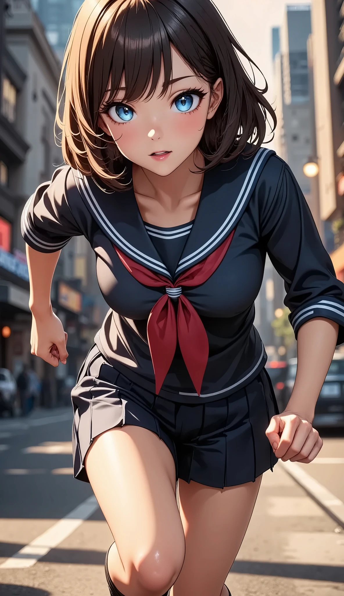 A young woman in a running sailor suit 、Beautiful eyes with detailed detail、Beautiful lips with detailed details、 has extremely detailed eyes and face、 long eyelashes 、 Dynamic Movement 、 Dramatic lighting 、 cinematic、 vibrant colors、 warm tones 、Mysterious、Urban area、 Magic Hour、(Highest quality,4K,8k,High Resolution, Masterpiece:1.2),Ultra fine,( real,フォト real, photorealistic :1.37), cinematicな照明, Dramatic angles , action pose 