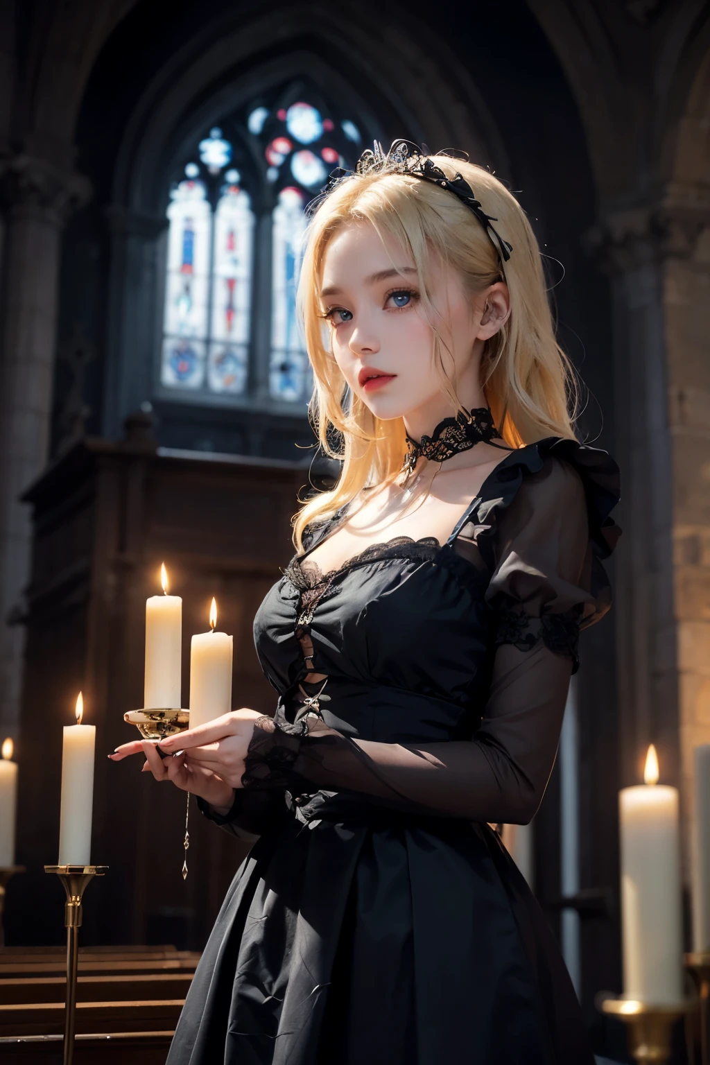 Best quality, soft light, ultra high resolution (photorealistic: 1.4), 1 cute gothic girl, 14 years old, blonde hair, gray eyes, gothic dress, pale skin, gothic makeup, (Detail of human skin in high resolution texture), cemetery, lying next to a grave, profile view of the girl, looking at the sky, black knee-high stockings, graves, small breasts, rating:questionable