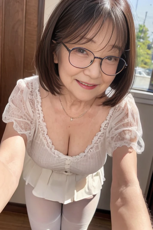  Japanese 70-year-old female AV actress wearing a paisley pattern blouse for older women、 MAKEUP 、 chubby body、Leggings for older women 、virgin、clear、Chastity、sukebra、Smiling Kindly、Fits your body、 angle from below、 focus on the crotch、Stylish glasses for older women、Can you tell the panty line through spats