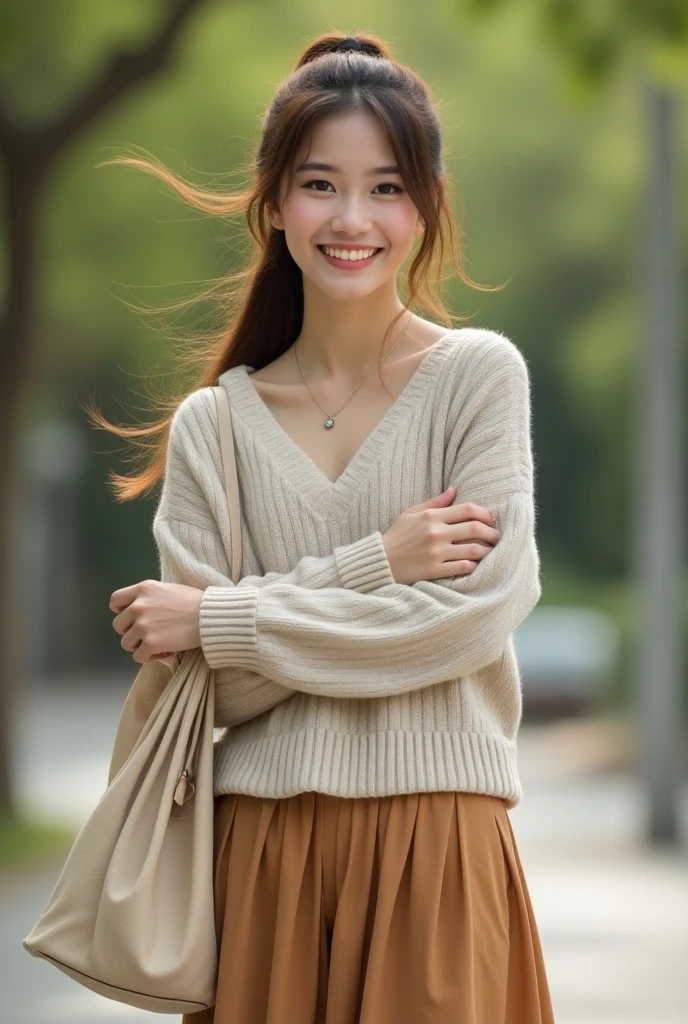 Produce the highest quality and highest resolution 8K images。The model is a 20-year-old Japanese woman.。The image depicts a person smiling at the camera and taking a commemorative photo at a tourist spot.。Draw the whole body of the model。She has brown eyes and a model figure.、She has an idol-level cute face.。The hair is curly。Skin has a healthy color。What to wear、She's wearing a T-shirt and a skirt。