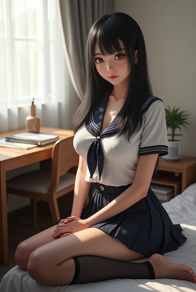 extremely delicate and beautiful girls, intricate detail, Depth of field bloom, extremely fine and beautiful, ((whole body)), ((The girl is in the center of the frame)), focus on eyes, head_tilt, ((beautiful detailed fullbody)), flat chest, medium hair, bangs, blue hair, shiny hair, Authentic and detailed face, smile, complex details beautiful and delicate eyes, parted_lips, human hands, cleavage, navel, zettai_ryouiki, blue eyes, sailor suit, no_bra, black_thighhighs, high_heels, see-through, cleavage_cutout, thigh_gap, night, bed, red moon, shiny, ((letterboxed)), ((Very detailed CG unified 8k wallpaper)), ((ultra detailed)), ((very fine 8KCG wallpapers)),