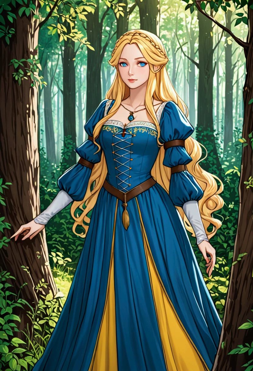 ((Best quality)), ((Masterpiece)), (detailed), perfect face perfect figure, Middle Ages, forest background, 26 year old, Scandinavian woman, Princess, Golden hair, bun-like hairstyle, bright blue eyes, pale skin, large breasts, tight blue dress, off shoulder, cleavage, diamond tiara, blue heels, thrilled smile, teeth, walking, high resolution, (ultra-detailed), (best illustration), (best shadow), (absurdres), (perfect hands, perfect anatomy), (4k textures), epic artistic, sharp focus, even lighting, insane details, intricate details, hyperdetailed, rich colors,