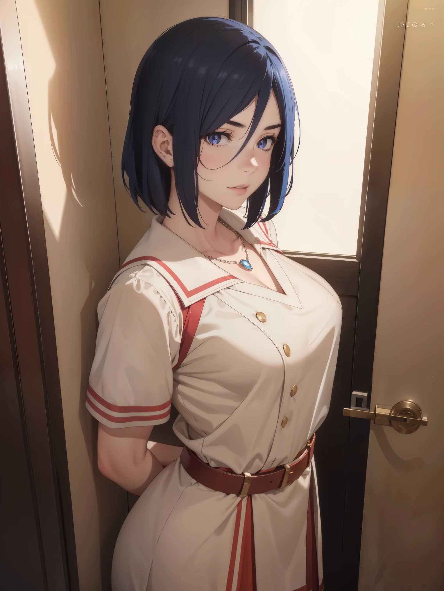 1girl, izumi_nase, blue hair, short hair, purple eyes, jewelry,pearl necklace,
BREAK ((two-tone dress, red belt, lycoris uniform:1.2)),
BREAK looking at viewer, show off breasts, take off clothes and show off breasts, chest protruding pose,arms behind back, 
BREAK indoors,
BREAK (masterpiece:1.2), best quality, high resolution, unity 8k wallpaper,NSFW ,(illustration:0.8), (beautiful detailed eyes:1.6), extremely detailed face, perfect lighting, extremely detailed CG, (perfect hands, perfect anatomy),