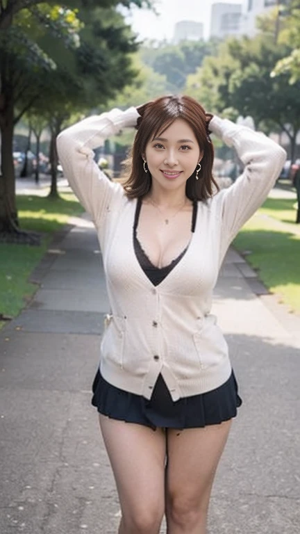  Japanese Milf,60 years old, white skin,(curvy body,large breasts, plump thighs:1.5),(Cardigan,micro miniskirt, earrings,  necklace , Short socks, loafers:1.2),( standing in the park, take a picture of the whole body from toe to head,full body,standing:1.2),looking at viewer,smile, surrealism, depth of field, from below, Sony FE, 8k, Word, arms up