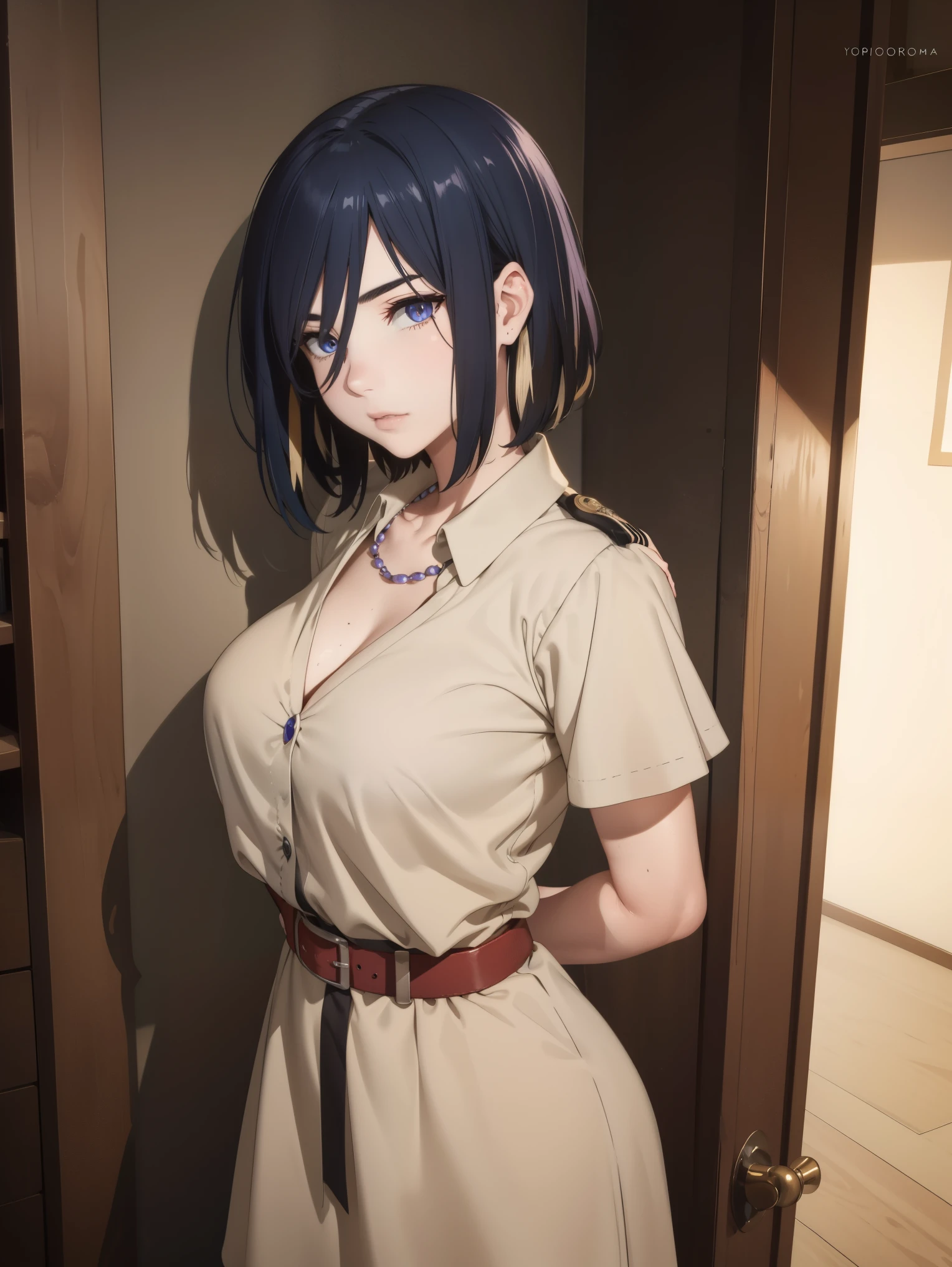 1girl, izumi_nase, blue hair, short hair, purple eyes, jewelry,pearl necklace,
BREAK ((two-tone dress, red belt, lycoris uniform:1.2)),
BREAK looking at viewer, show off breasts, take off clothes and show off breasts, chest protruding pose,arms behind back, 
BREAK indoors,
BREAK (masterpiece:1.2), best quality, high resolution, unity 8k wallpaper,NSFW ,(illustration:0.8), (beautiful detailed eyes:1.6), extremely detailed face, perfect lighting, extremely detailed CG, (perfect hands, perfect anatomy),