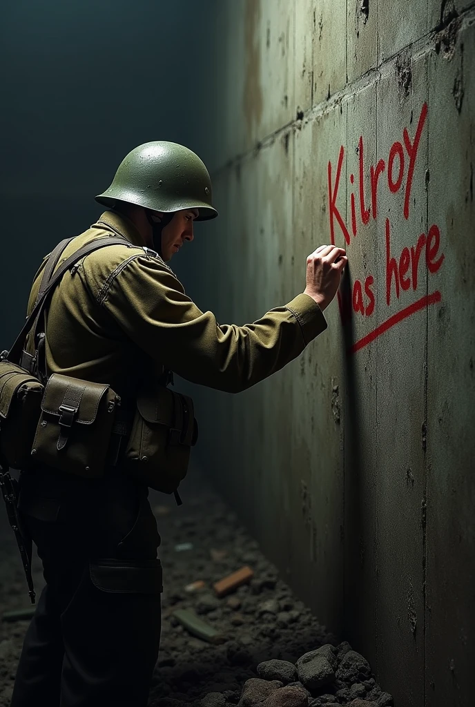 A soldier writes with his own blood on the wall III the war has begun