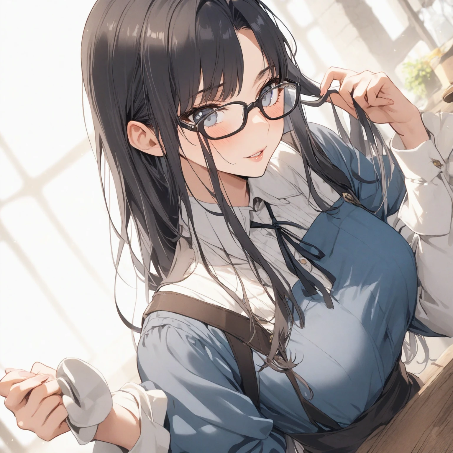  1 girl, Black Hair,Long Hair, Glasses, Medieval Europe,Waiter