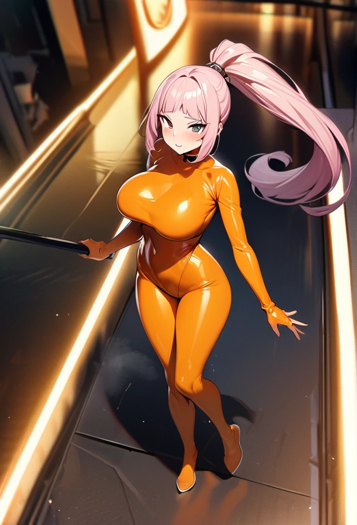 masterpiece, highest quality, ultra-definition, beautiful definition, one girl, solo, 25-year-old woman, stand up straight,full body, bewitching face, dovetail eyes, orange bodysuit, orange rubber suit, witch's black hat, pink hair, ((big ponytail)),big breasts,