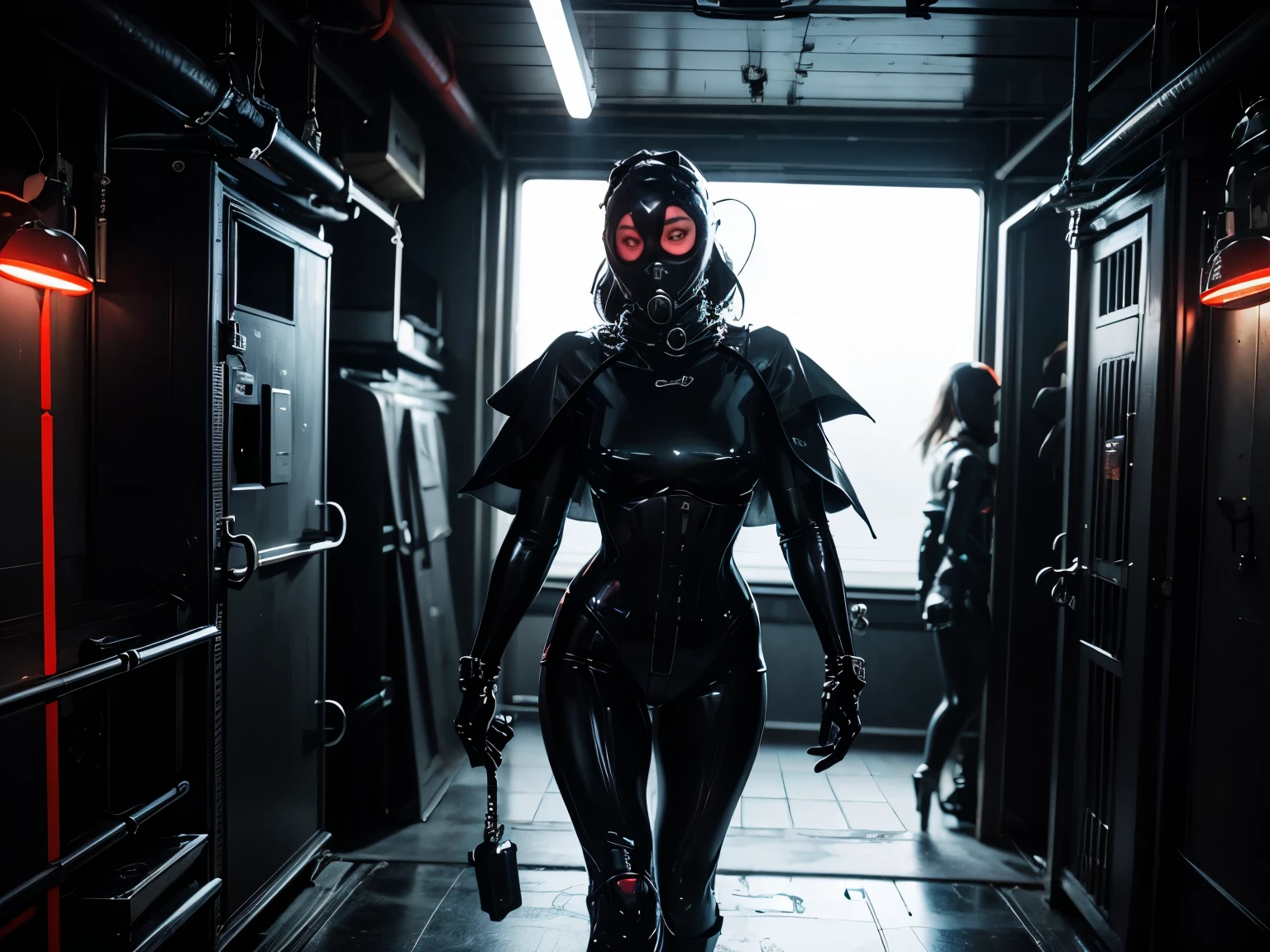  a very beautiful and very thin girl ,  is wearing black underwear with pantyhose and latex face mask.  Dark room with only red neon lighting . many details, extremely realistic. good quality,  8k fantasy cyberpunk world ， 1 mechanical wonder ， defend world order ； samurai mechanical armor ， equipment transparent weapons ， aerodynamic design ， wearing a black cape ， A great portion for 1 person ， Art of the highest quality ， 8K ultra-high resolution ， dynamic lighting ，as a brilliant ，  vivid colors  ， In high-tech steel suit ， wearing a cyberpunk space helmet ， Luminous mechanical protective mask ， x} High-tech tactical clothing of the future ， black steel mask 
