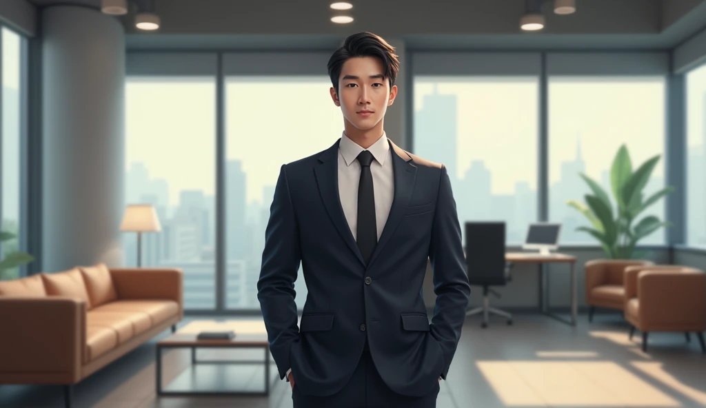myanmar manager boy,40years old,,stand in the office,full body ,8k, majestic, moody, divine, mysterious, cinematic lighting, cinematic composition, ultra detailed, hyperrealistic, high contrast, 8k render, photorealistic