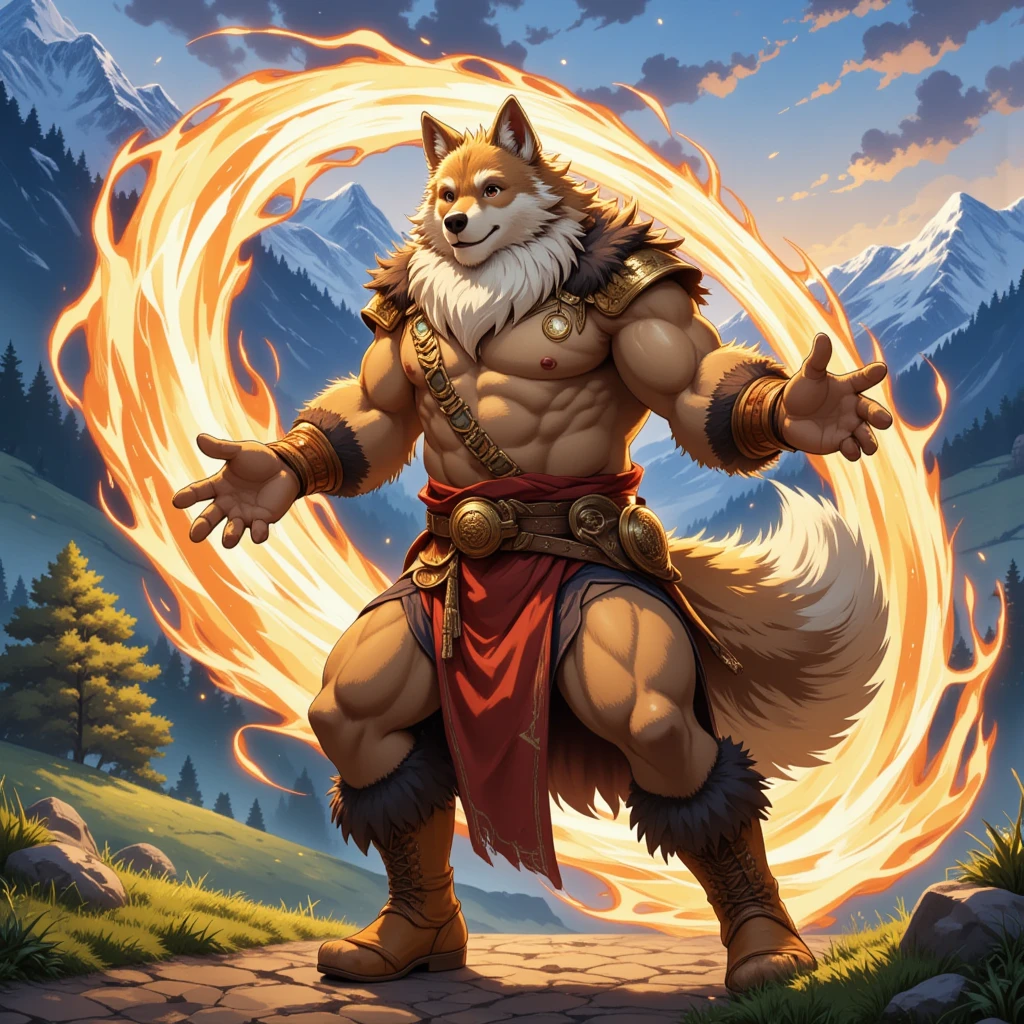 (masterpiece, Best quality:1.2) Male Red XIII, winter, body covered in blond fur, Furry style, sexual, horny,full height, nuscular, very short red hair,freckles on the body and face,amber eyes,sharp focus, friendly, Fire burns at the tip of the tail