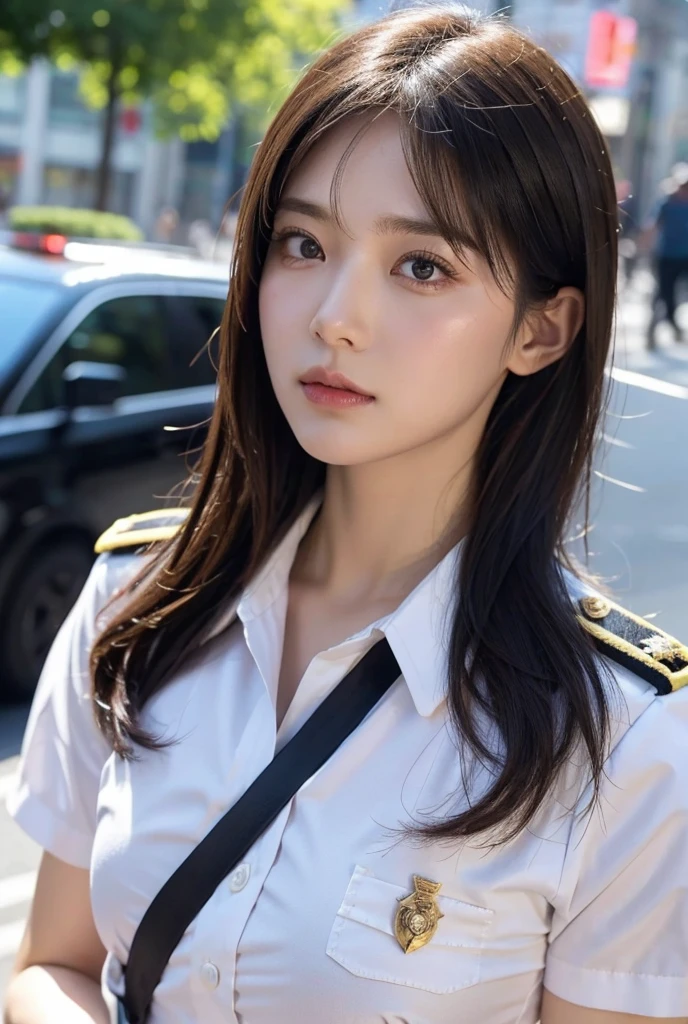 blunt bangs, long hair, swollen eyes, arrogant, police uniform, pink uniform