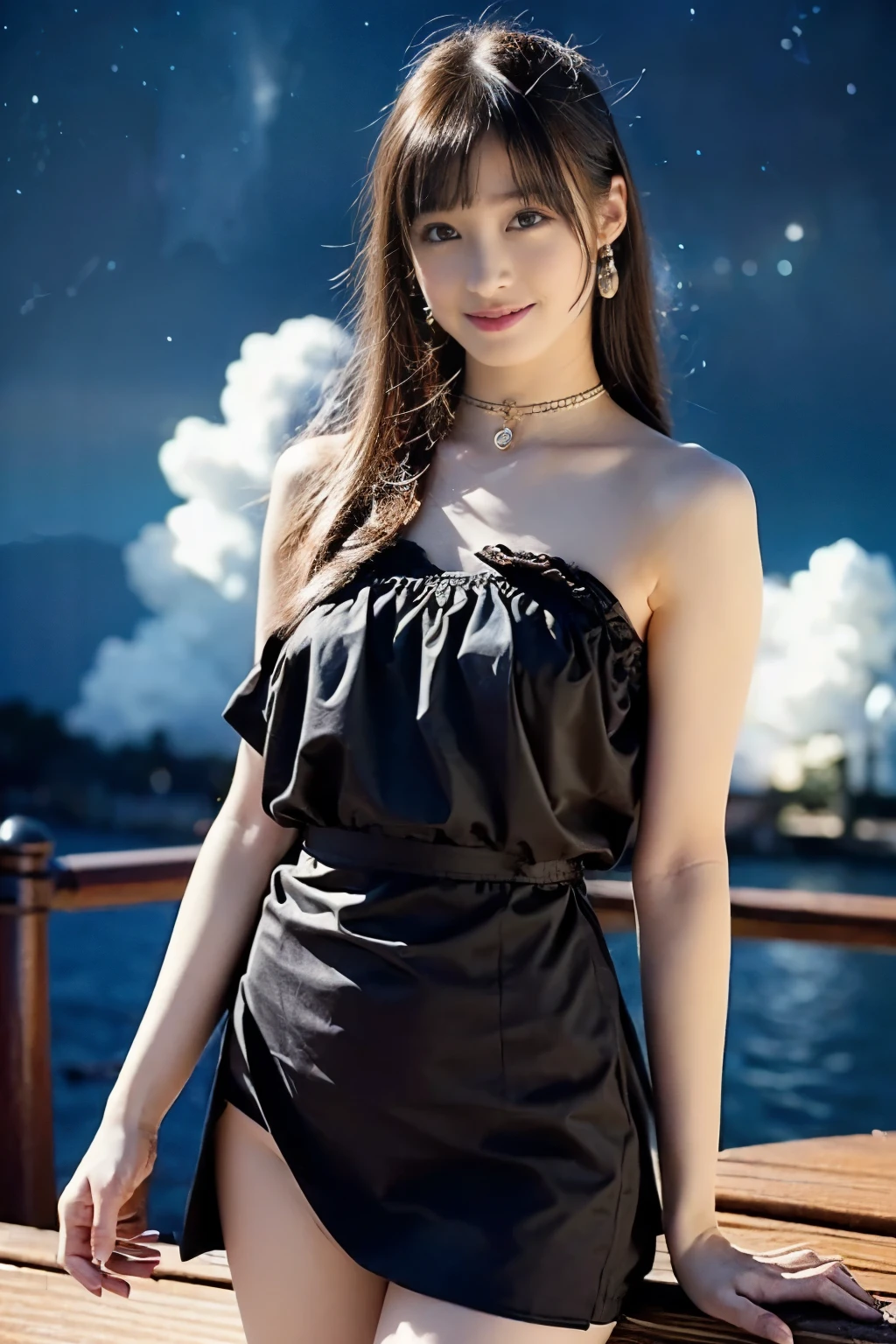 moon, moonlight, full moon, night, dark blue sky, violet, lilac dress, long skirt on chest, long black hair, long hair and waist, beautiful maiden, god, divinity, white tiara, sitting on railing, hair, slanted bangs, headband, hair ornament, forehead gemstone, paulai's jewel branch, crescent hair ornament, fish hair ornament, god ray, glitter, cinematic lighting, lens glare, uhd, high detail, high quality, high resolution, best quality, 8K, 16K, high detail, high quality, high quality, super detail, Anatomically correct, masterpiece, ccurate