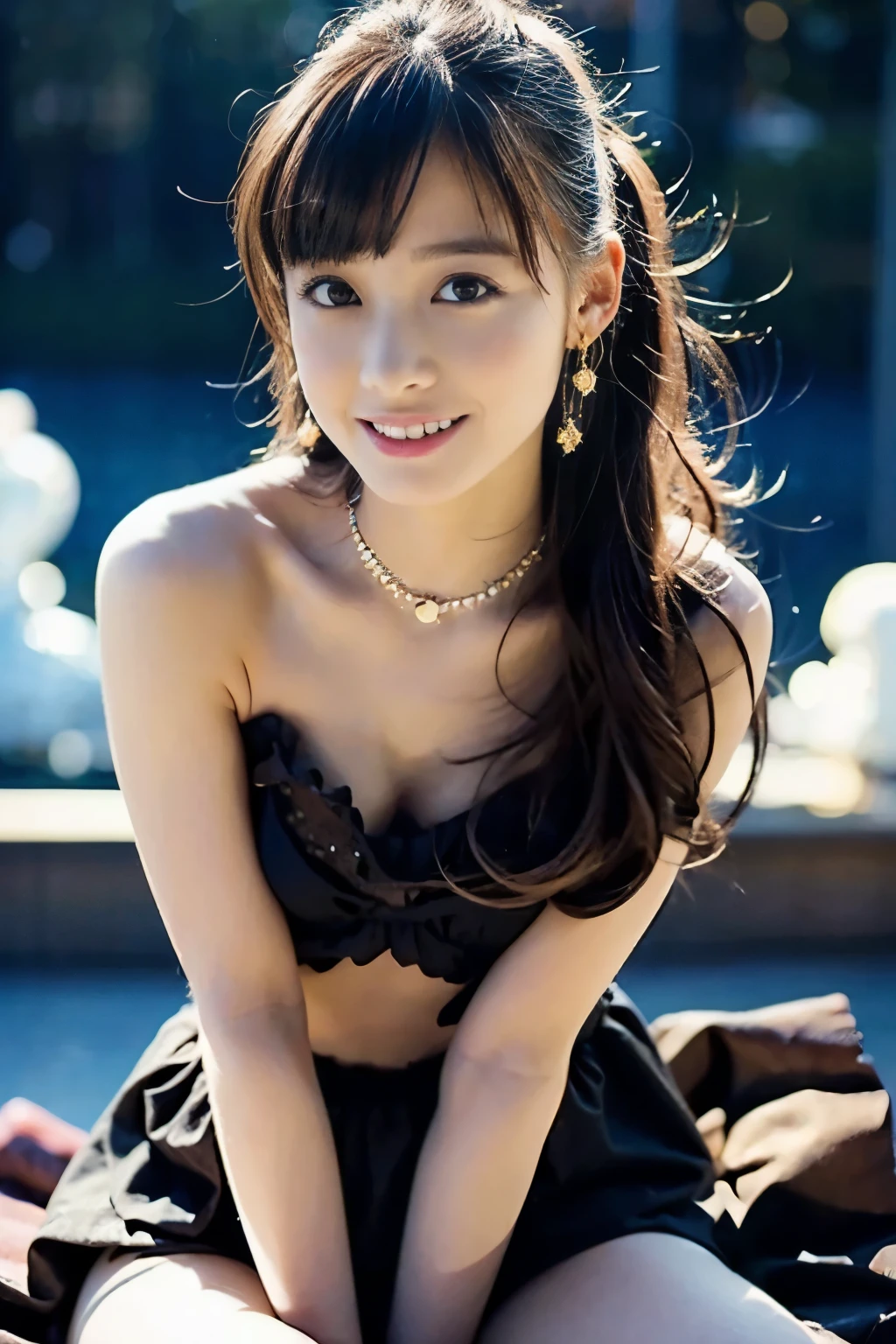 (Masterpiece:1.3), (8K), (Best Quality:1.4), (UHD:1.2), (Photorealistic:1.3), (Raw Photography), (1girl), (Ultra High Detailed), (Detailed face), very perfect beautiful and cute face, (Detailed hair), Beautiful hair, bangs, (symmetrical eyes:1.3), (Detailed eyes), (Detailed skin), Realistic skin, shiny skin, Ultra high definition, (medium breasts:0.7, good shaped breasts), (slim figure), (super model figure), gentle smile:1.2, (A very beautiful and cute Japanese girl with a gentle expression), 23yo, ( wearing a black top with halterneck, tiered layers skirt ), Necklaces, earrings, bracelets, flower headdress, cute Japanese girl, pretty Japanese girl, on the beach
