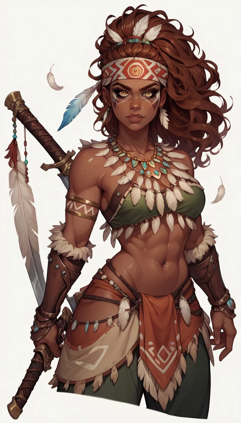 Solo, dark skinned girl, wavy auburn hair, golden eyes, Feathered Tribal Headband, Feather Leather Vestments, Tribal Makeup, Pocketed Cloth Pants, Jeweled golden necklaces, Jeweled gauntlets, Wielding an Amethyst Sword, White Background, Character Design Sheet