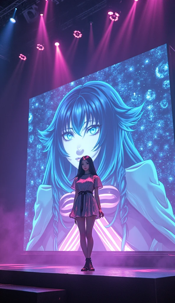  A beautiful Japanese idol .
 She is on stage singing .
neon effects, lasers.
linda, sexy,  provocative , expressive. 
 She is dressed in a stylish semi-transparent dress ,  pantyhose, High-heeled shoes .
 In the background a big screen showing the show with a translucent effect.
 plain background.
32k anime style, HDR, UHD. 