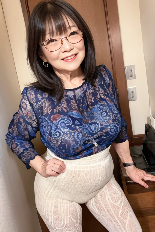  Japanese 70-year-old female AV actress wearing a paisley pattern blouse for older women、 MAKEUP 、 chubby body、Leggings for older women 、virgin、clear、Chastity、sukebra、Smiling Kindly、Fits your body、 angle from below、 focus on the crotch、Stylish glasses for older women