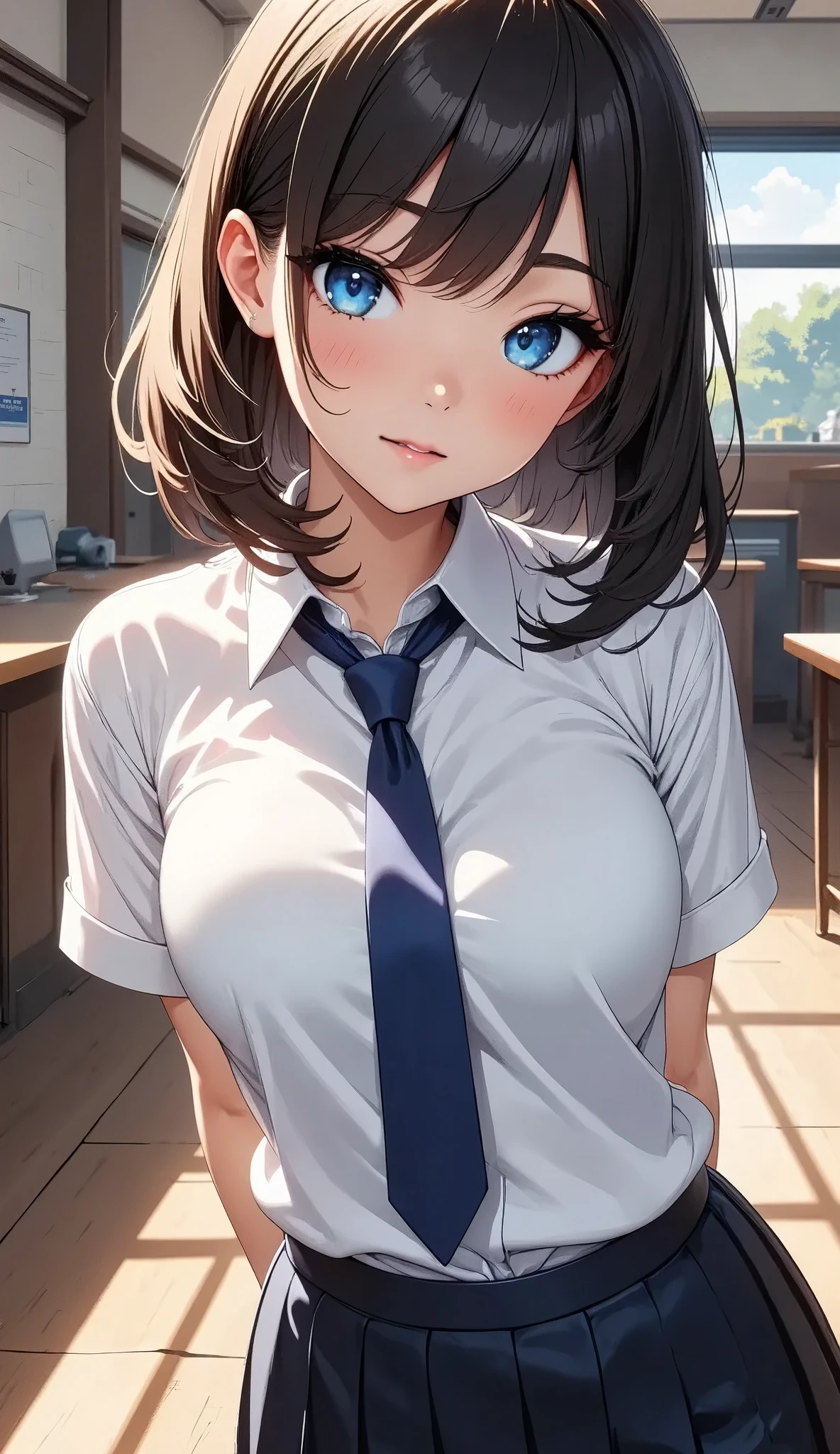 Beautiful young schoolgirl、 beautiful, detailed eyes、 Beautifully Detailed Lips 、 very detailedな顔と目、 long eyelashes 、 white shirt 、 blue tie 、 pleated skirt to expand panties、smile、Looking up、Indoor Settings、Soft focus background、 Cinematic Composition 、 bright colors、 digital painting、 very detailed、CG illustration、8k、（Best Quality、4K、8k、 high definition、masterpiece：1.2）、Super detailed、