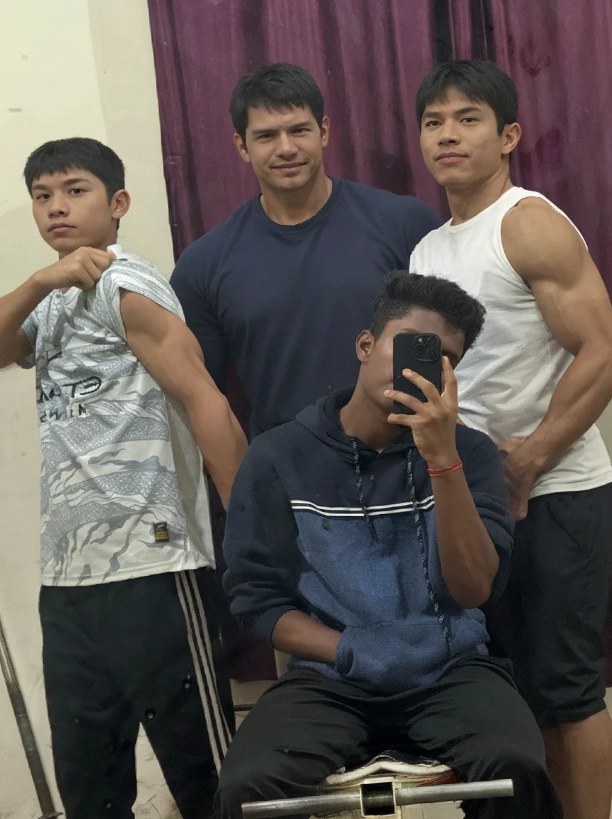 (RAW photo outdoors), (four young people), (backwards), (Sunny afternoon), (brick house in the background). On the left, and (joven with camiseta blanca lifting his pants and exponiendo su trasero) and (blue shorts), (lifting his pants) for (show the buttocks). On the right, and (joven shirtless) and (gray shorts), also (lifting his pants) for (show the buttocks). In the middle, and (joven with gafas de sol) and (Gray shirt), (smiling) and haciendo (thumb up sign). behind him, and (joven with cabello largo) and (shirtless), (apandtando hacia la cámara) with ambas manos. (blue pool) in the background on the right, with (other young people swimming). (green grass), (red plastic chairs), (coiled hose), (various decorations) in the garden. (8k hd), (DSLR), (natural lighting), (high quality), (film grain), (Fujifilm XT3), (whole body), (vista frontal and trasera).