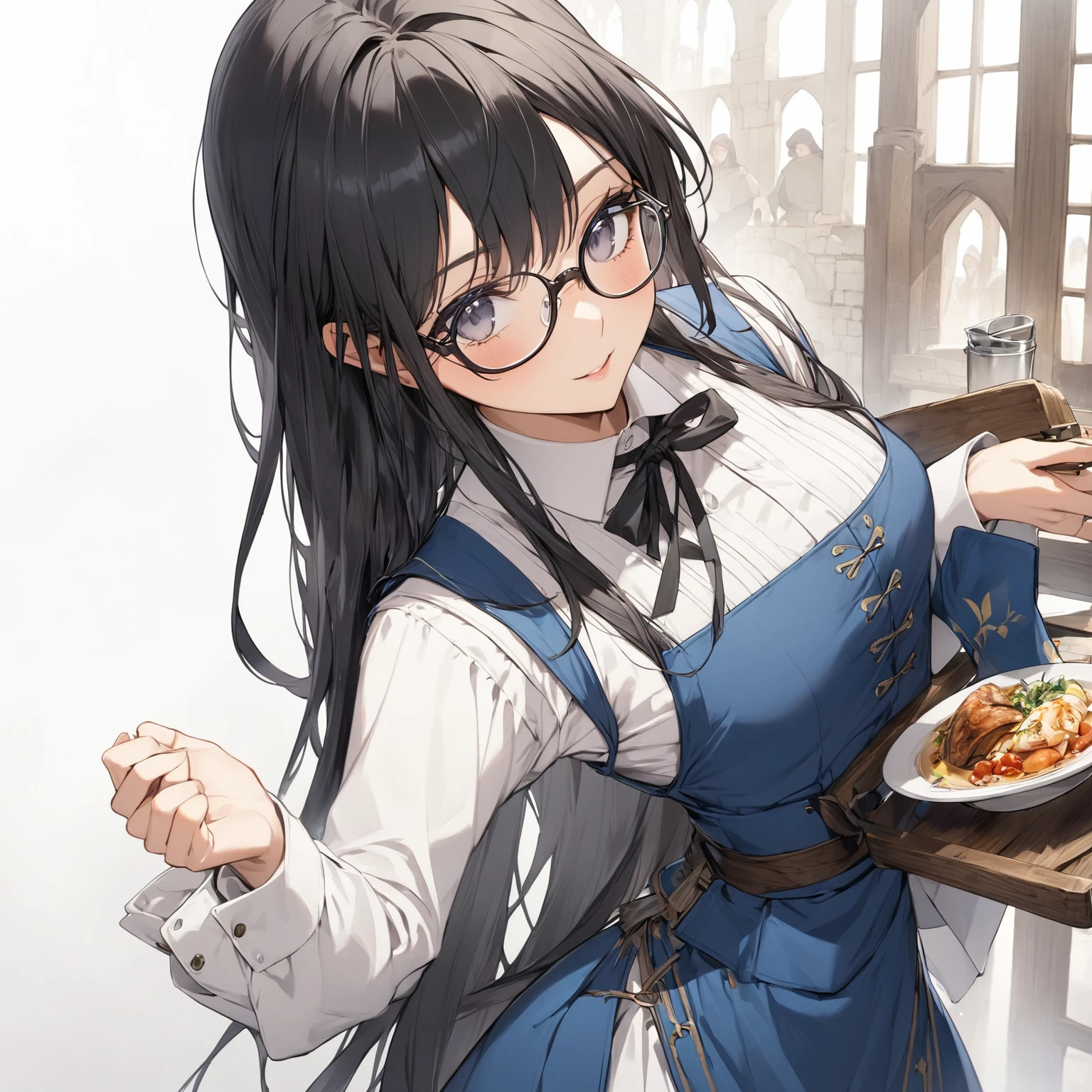  1 girl, Black Hair,Long Hair, Glasses, Medieval Europe,Waiter