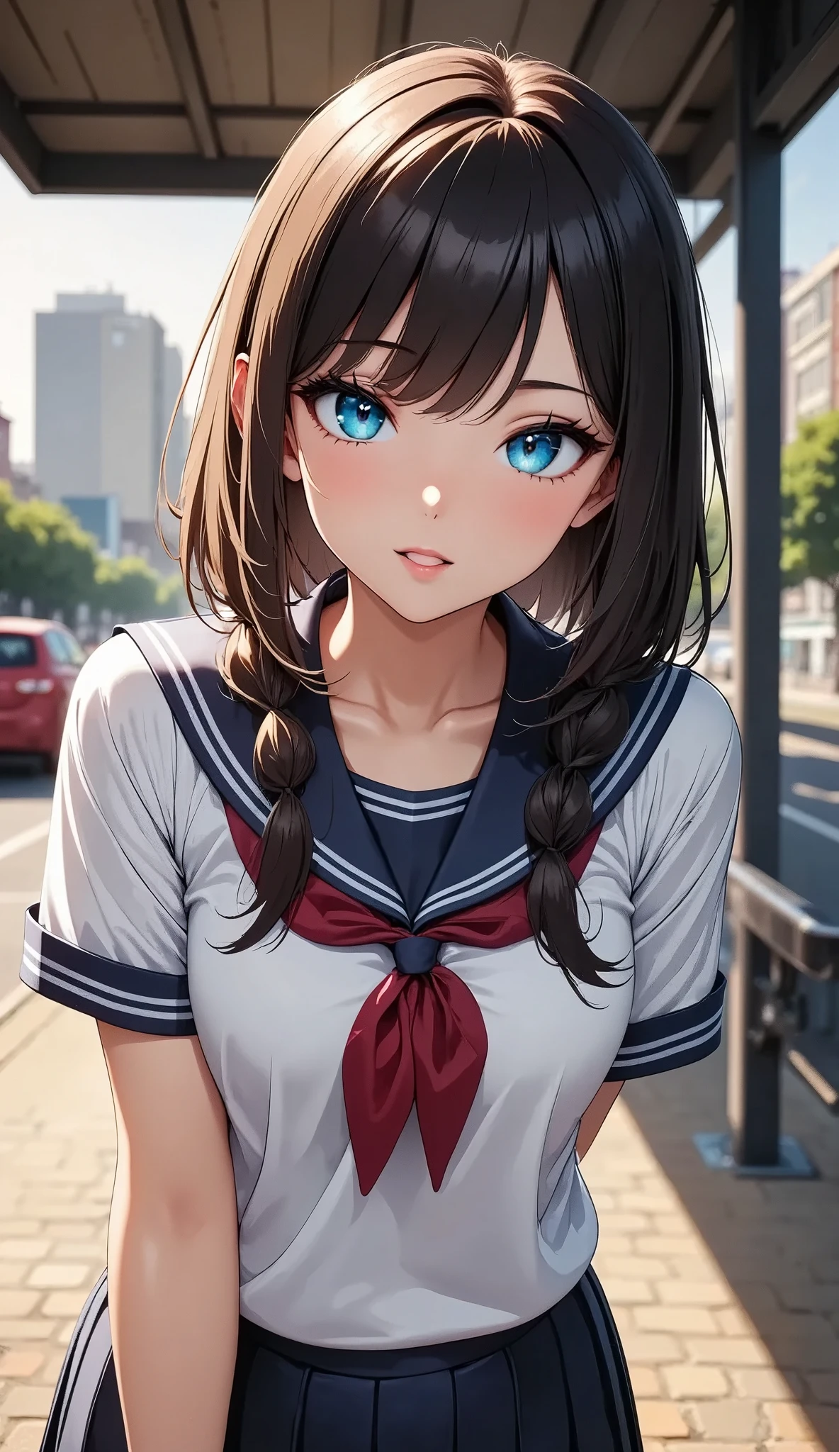 a young female high school student waiting at a bus stop, intricate details, beautiful detailed eyes, beautiful detailed lips, extremely detailed face and eyes, long eyelashes, school uniform, standing pose, realistic, photorealistic, photo-realistic, best quality, 4k, 8k, highres, masterpiece, ultra-detailed, vivid colors, natural lighting, atmospheric, cinematic, portrait