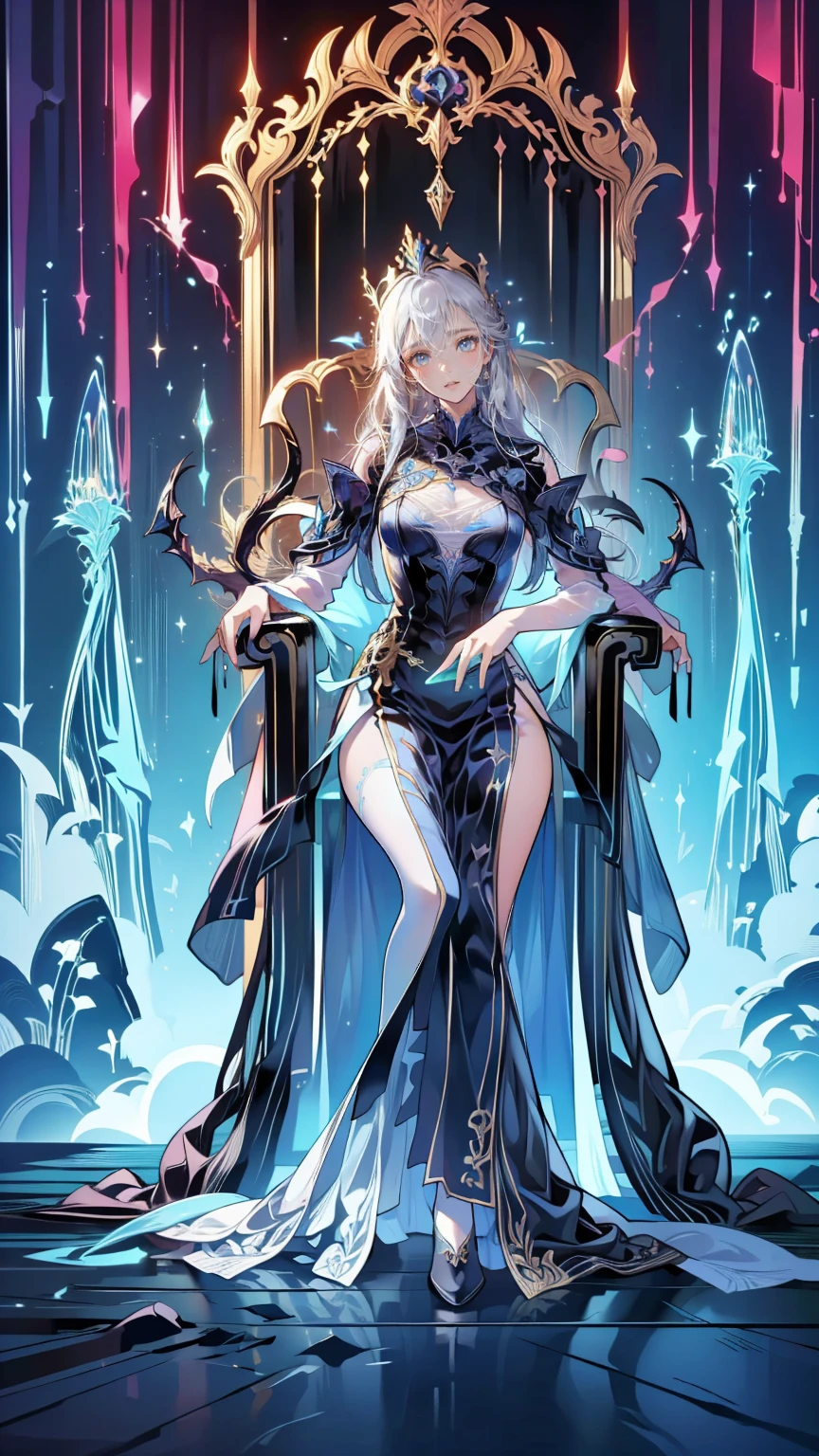 Anime,(background of ice:1.6),beautiful lady,(long silver hair:1.2),messy hair,elf,(blue iris:1.3),(black pupil:1.3),perfect face, smooth face, white torsolette lingerie, (translucent lingerie:1.3), big boobs, big ass, tall physique, sitting on throne, sitting position, (crossed legs:1.3),(throne of ice:1.6), large throne,(large staff of ice:1.6)