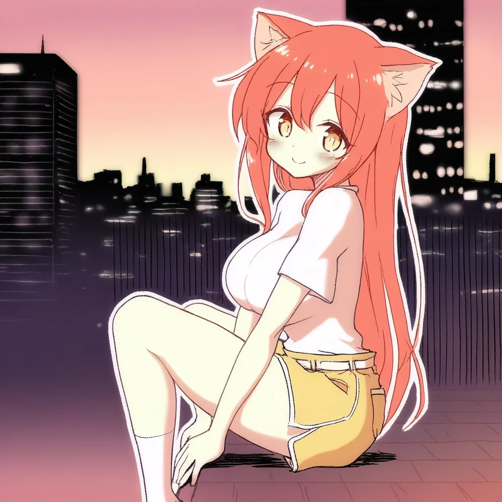 1girl, best quality, (curss:0.7), (sakaki_/(noi-gren/):0.6), (mochizuki_nozomu:0.7), (baffu:0.7), cat ears, shirt, shorts, city background, smile