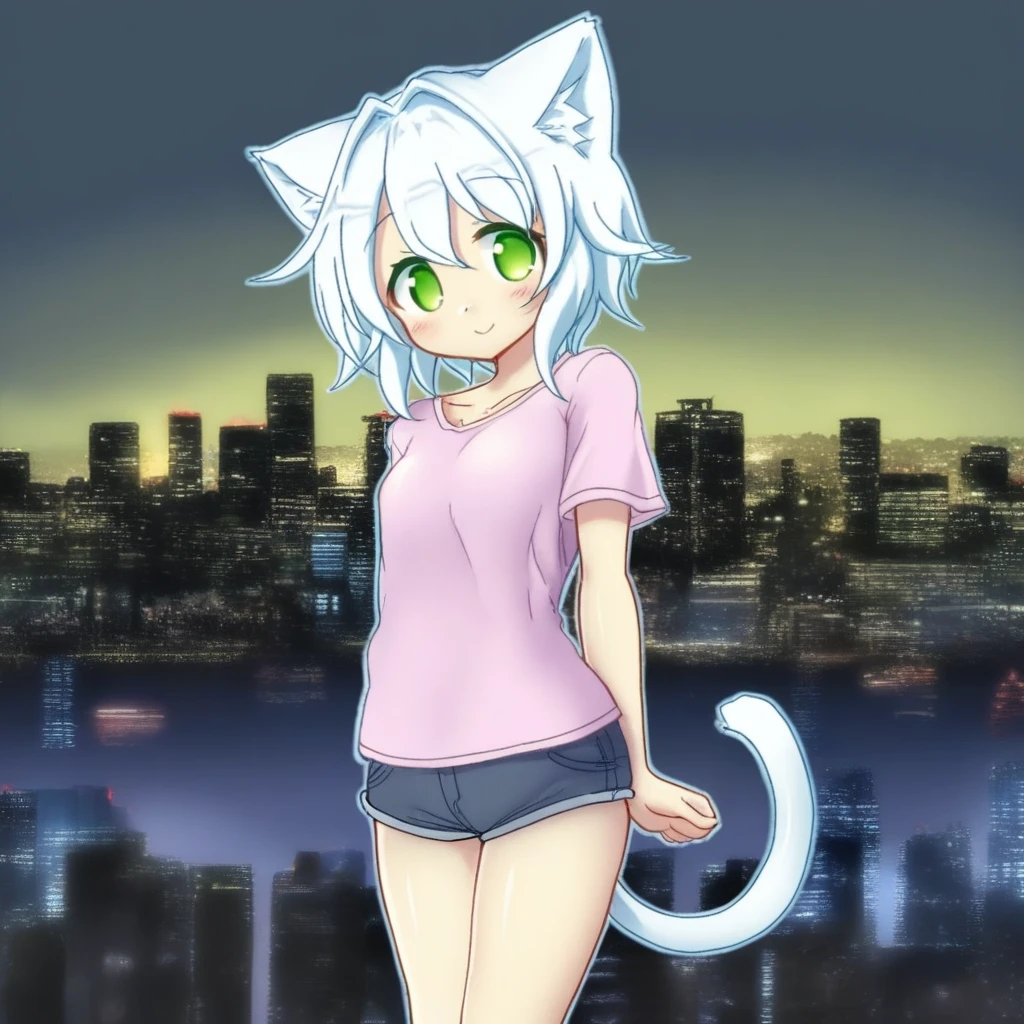 1girl, best quality, (curss:0.7), (sakaki_/(noi-gren/):0.6), (mochizuki_nozomu:0.7), (baffu:0.7), cat ears, shirt, shorts, city background, smile