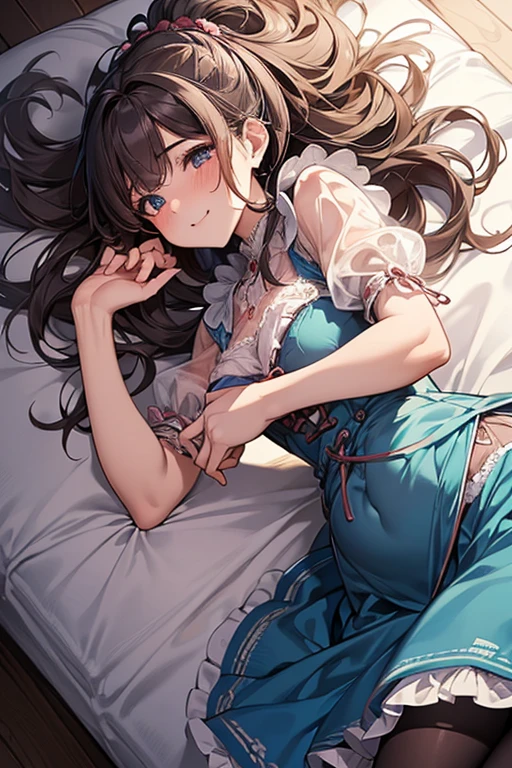 (((Super Masterpiece, Super High Definition, 16K, Very Delicate and Beautiful))))), (((Masterpiece, Highest Quality, 8K, Clear and Detailed, Very Clean and Clear))), Very Beautiful, Bed (flowers all around the girl), dress (luxurious dress, beautiful embroidery, beautiful dress, cute dress), , round, s old), small breasts, super long hair (braids) , bangs, beautiful yellow), (baby face: 1.2), short legs, dazed, mouth slightly open, on back, from above, ), girl lying separately with her hands on her chest.