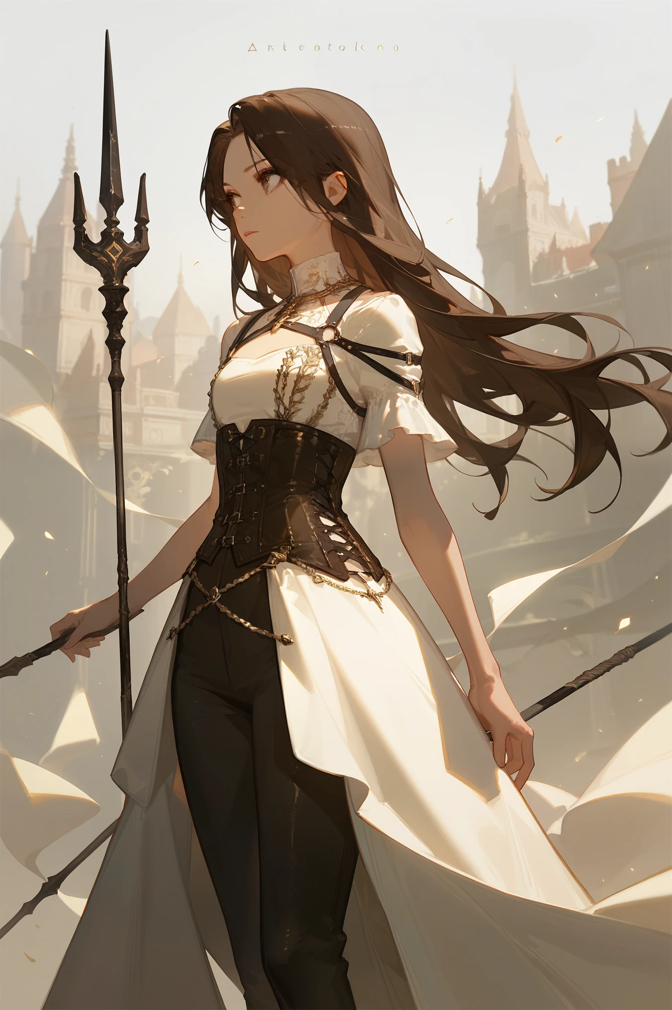 1girl, dark brown hair, long hair, brown eyes, look away, white dress, dress to the knee, dress by the shoulder, leather corset, single slit dress, gold embroidery bottom part of the dress, black long pants, pants under dress, holding spear