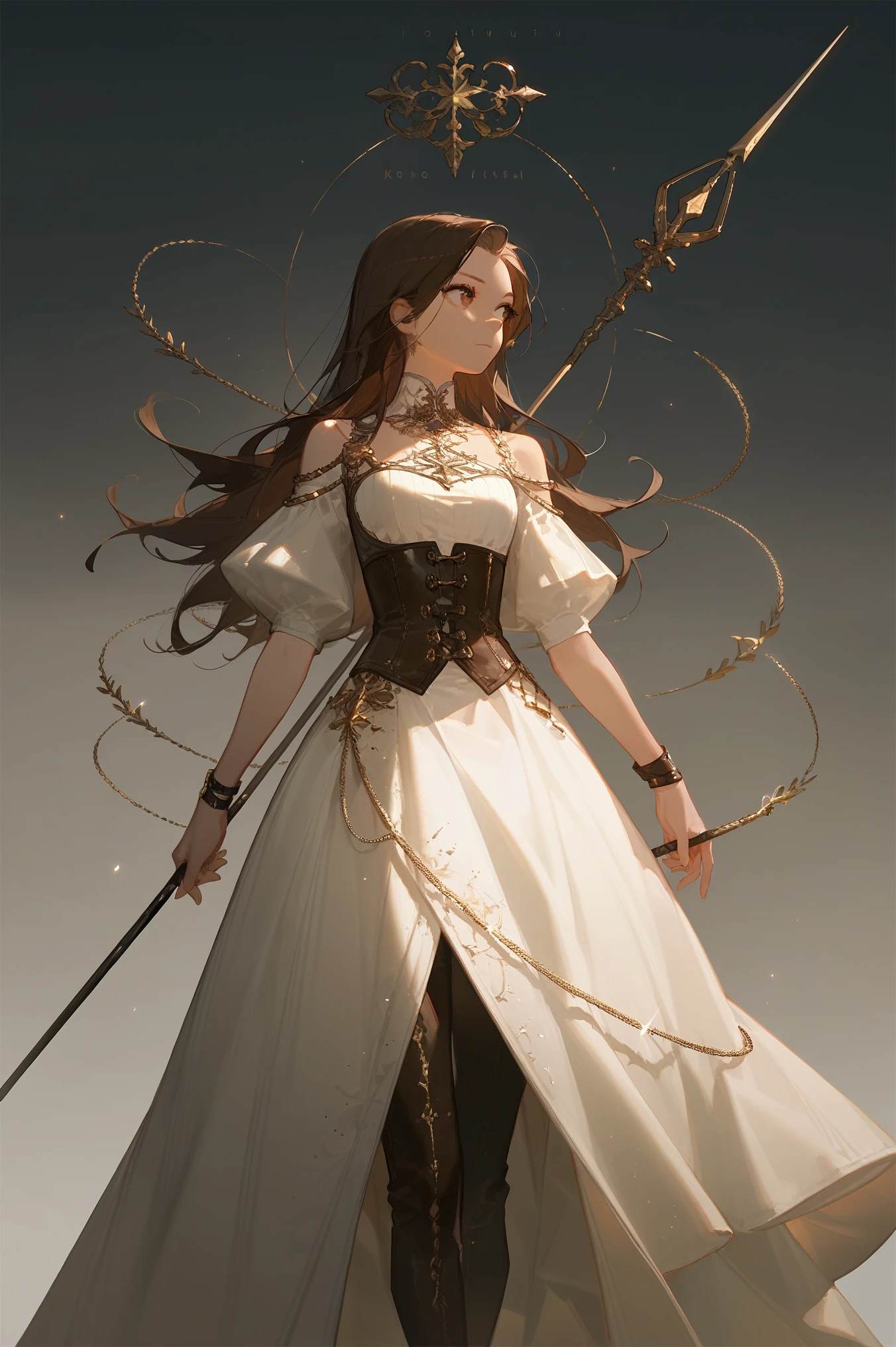 1girl, dark brown hair, long hair, brown eyes, look away, white dress, dress to the knee, dress by the shoulder, leather corset, single slit dress, gold embroidery bottom part of the dress, black long pants, pants under dress, holding spear