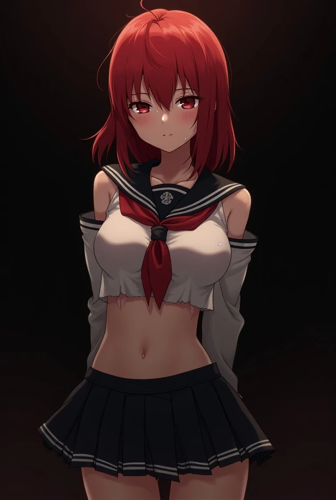 masterpiece, best quality, looking at viewer, facing viewer, bare legs, 1girl, solo, upper body, bow, serafuku, disgusted face, night time, heavy rain, outdoors, city, crop top, navel, wet clothes, drenched, overly long sleeves, hands in sleeves, blood tears, blood marks, dark alleyway, blood splattered on the ground, red bright light, glowing eyes, depth of field,holding a knife,red sky, atmofer,perfect hands