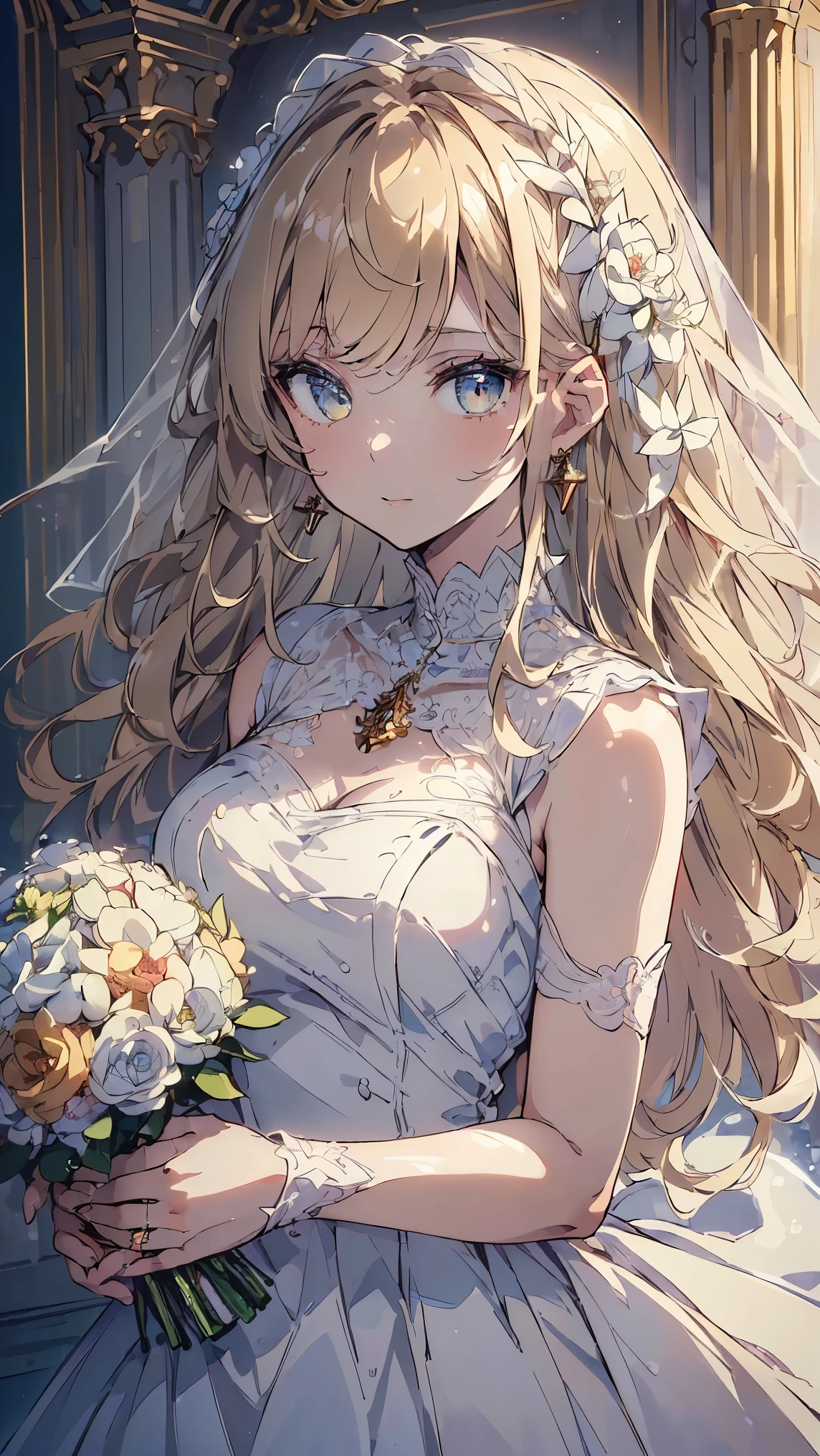 (((Best quality, 8k, Masterpiece: 1.3)), ((best quality)), ((masterpiece)), (detailed), perfect face, perfect body, ((best quality)), ((masterpiece)), (detailed), perfect face, (best quality), (detailed skin:1.3), (intricate details), curly hair, Wedding, wedding dress, expression of joy, holding a bouquet in both hands, pure white dress, blonde hair, earrings, engagement ring, church