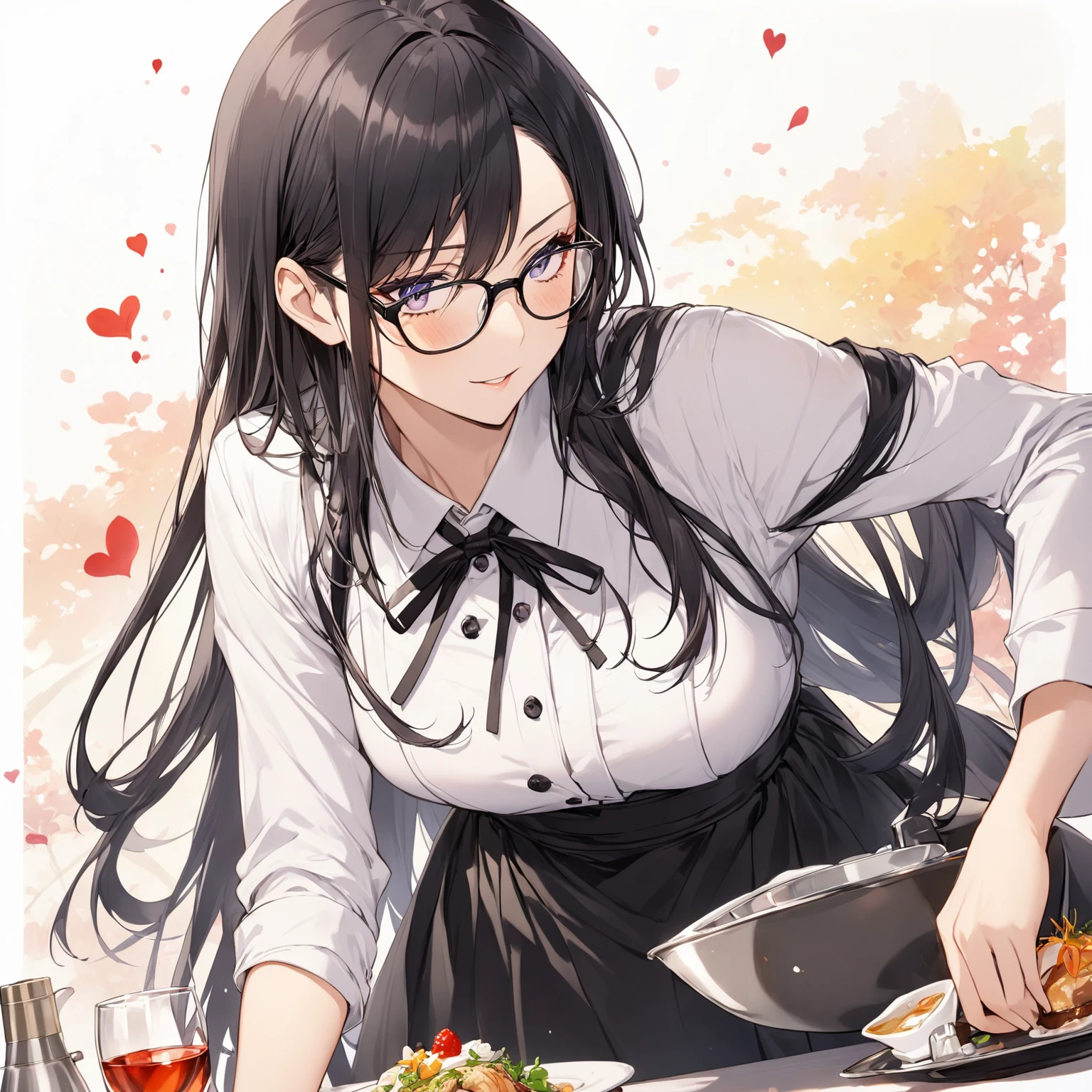  1 girl, Black Hair,Long Hair, Glasses,Taisho Romance,Waiter