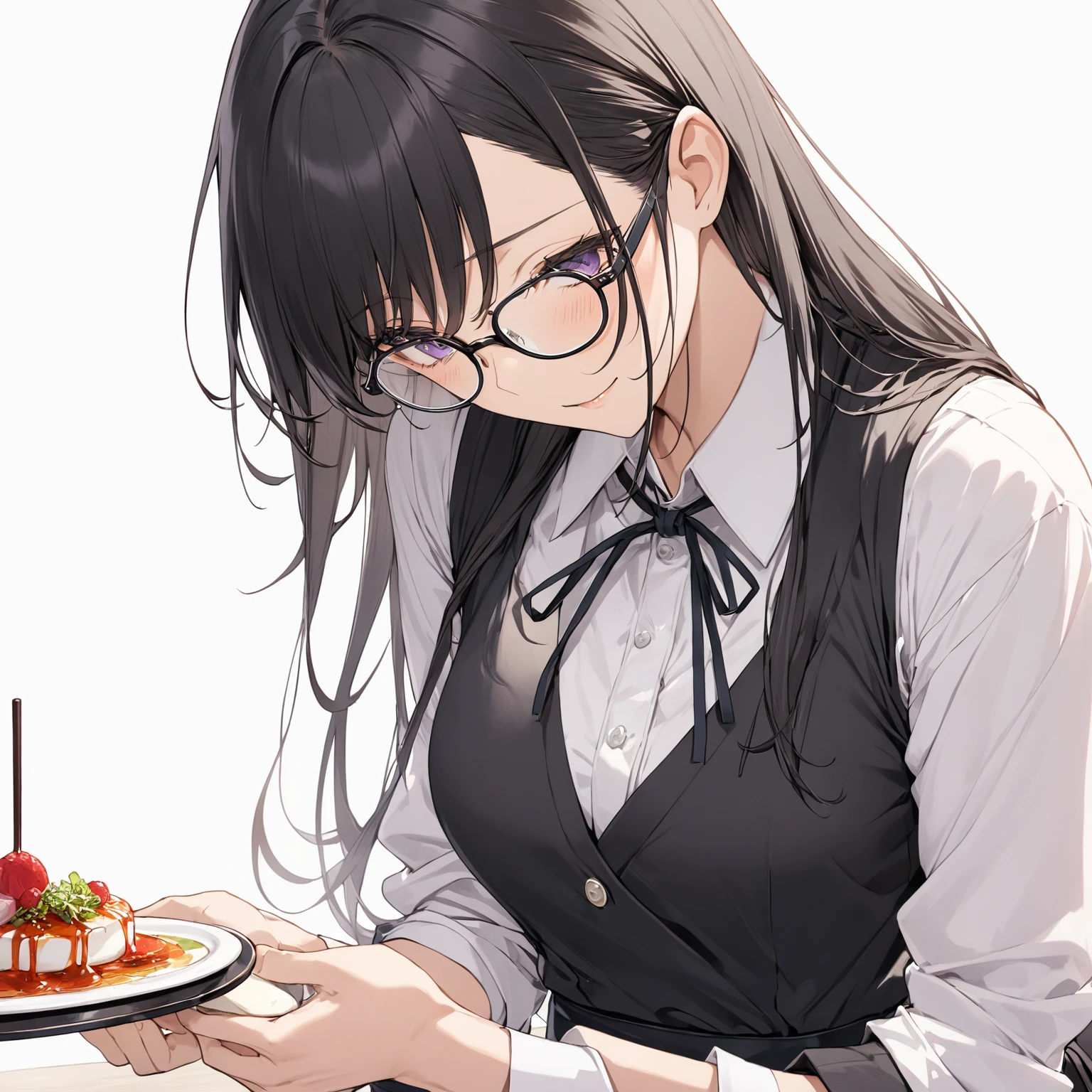  1 girl, Black Hair,Long Hair, Glasses,Taisho Romance,Waiter