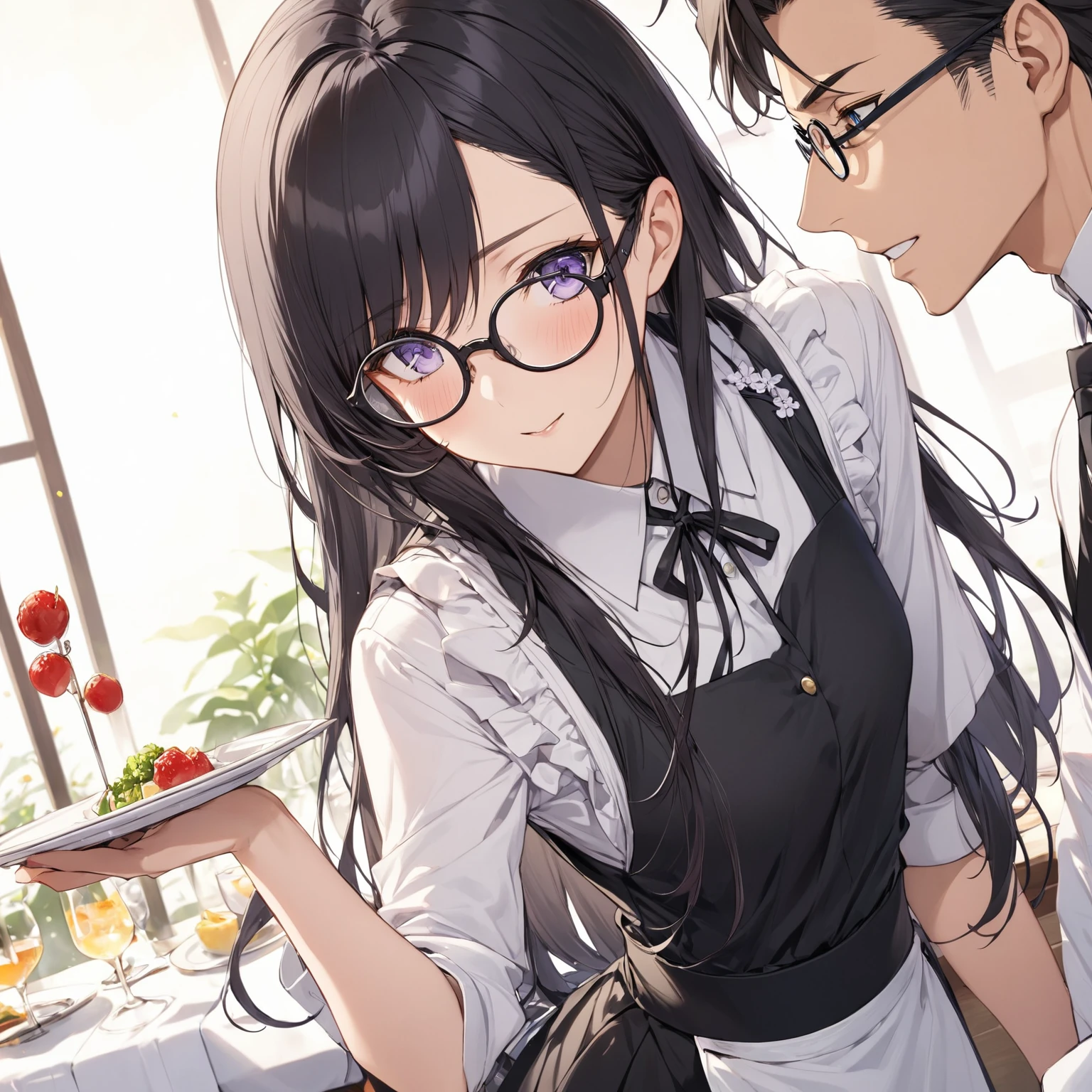  1 girl, Black Hair,Long Hair, Glasses,Taisho Romance,Waiter