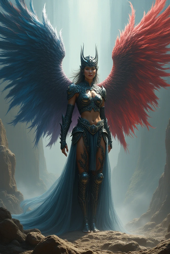 A goddess with a sword and a dark, ugly and sad demon stand in front of the fire, The background is layers of clouds and lightning,the fire,artgerm julie bell beeple, author:Jeremy Chang, Fantasy art Behance, tyler edlin fantasy art, peter mohrbacher and artgerm, author:Johannes Helgesen, 4K fantasy art, aly fell and artgerm, High quality fantasy art