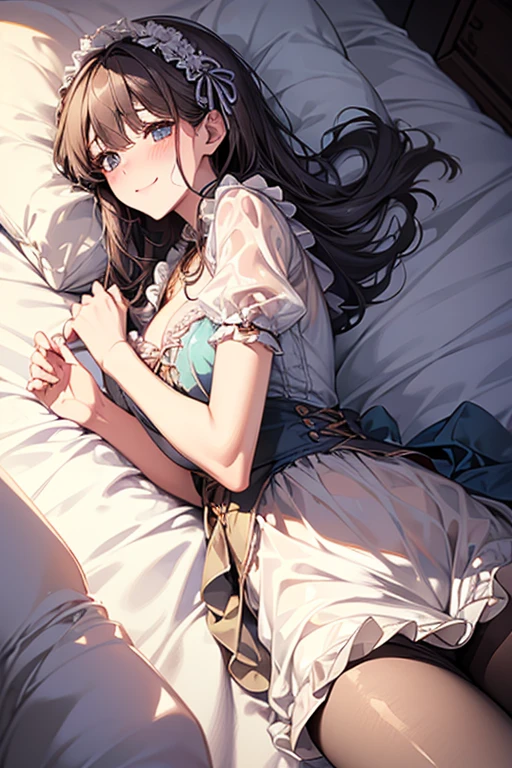 (((Super Masterpiece, Super High Definition, 16K, Very Delicate and Beautiful))))), (((Masterpiece, Highest Quality, 8K, Clear and Detailed, Very Clean and Clear))), Very Beautiful, Bed (flowers all around the girl), dress (luxurious dress, beautiful embroidery, beautiful dress, cute dress), , round, ), small breasts, super long hair (braids) , bangs, beautiful yellow), (baby face: 1.2), short legs, dazed, mouth slightly open, on back, from above, ), girl lying separately with her hands on her chest.color々A pose、On all fours、color々Composition