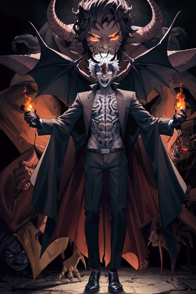  a cartoon of a man with the face of a demon and the face of a demon, humanoid form,  a humanoid thistle monster , the god of chaos, male djinn man demon hybrid, full body wild demon man, transforming into its final form, russell dauterman, Fursona from voidpunk by Weirdcore , male human demon, A humanoid wolf mosquito