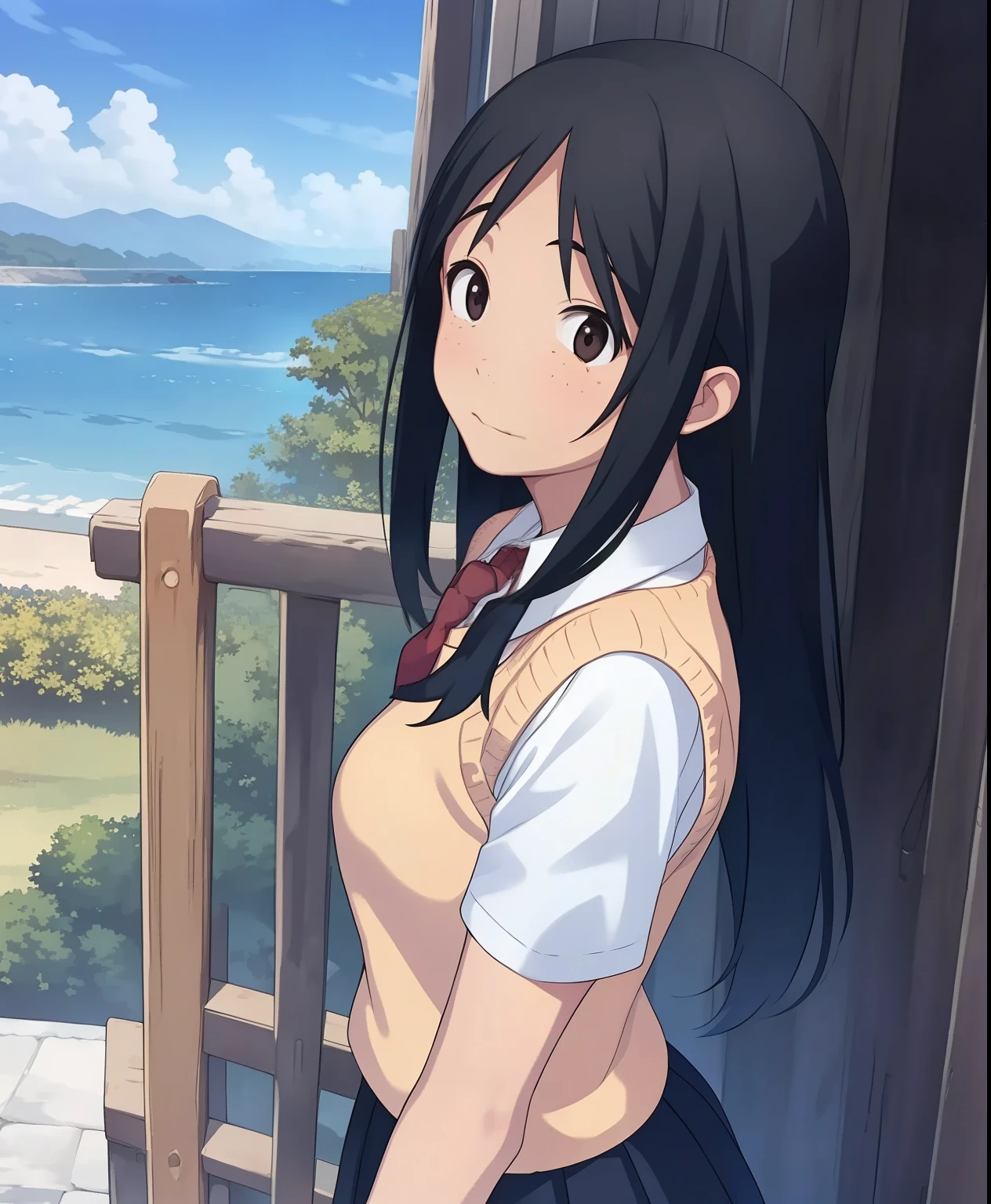 (masterpiece、Best Quality、Best Quality、Official Art、Beautiful and beautiful:1.2)、(One person:1.3),Beautiful breasts, girl、masterpiece, Best Quality ï¼ 1girl, Alone, Sweater vest, Black Hair , tie, Long Hair, dark eyes, school uniform, Outdoor, null, Short sleeve, looking sideways , Look to the side, shirt, skirt, red tie, ocean, handrail, scenery, vest