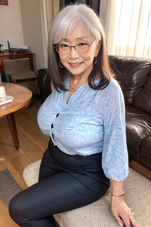  Japanese 70-year-old female AV actress wearing a paisley pattern blouse for older women、 MAKEUP 、 chubby body、Leggings for older women 、virgin、clear、Chastity、sukebra、Smiling Kindly、Fits your body、 angle from below、 focus on the crotch、Stylish glasses for older women