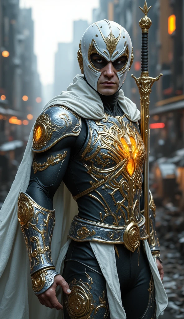 The hyper detail, armed supperhero, the moon knight Spiderman with white, silver, golden Strengthen armor, the white cloak, the face mask, golden spider emblem on chest,detail decoration spadroon. standing on the street in dystopian mega city background at dawn. His helmet is marked with runes, sword hangs on hand, glowing faintly with enchanted, golden runes. detail background, straight on angle shot, Full body shot, closed-up, ultra-realistic 32k resolution, official art styled digital painting, intricate armor engravings catching realistic lighting, film grain texture overlay, reversal film effect, high quality, detailed realistic background with scattered futuristic debris, shadowed craters, misty atmosphere, cinematic.