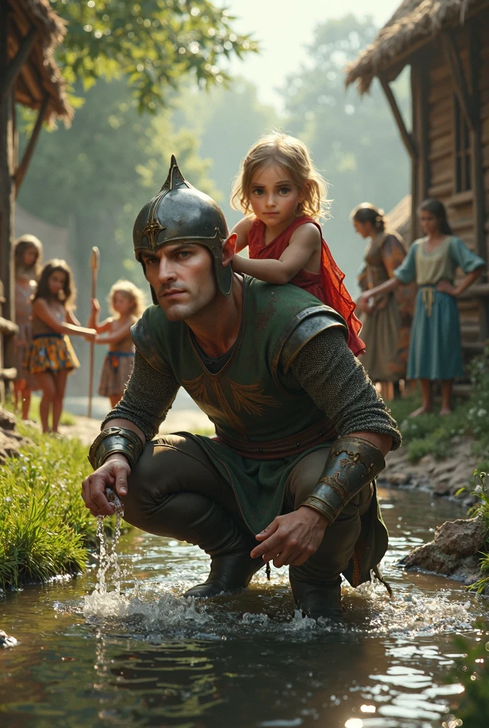 A warrior in leather clothes , holding a boy in your arms , the setting is a dark swamp covered in reeds