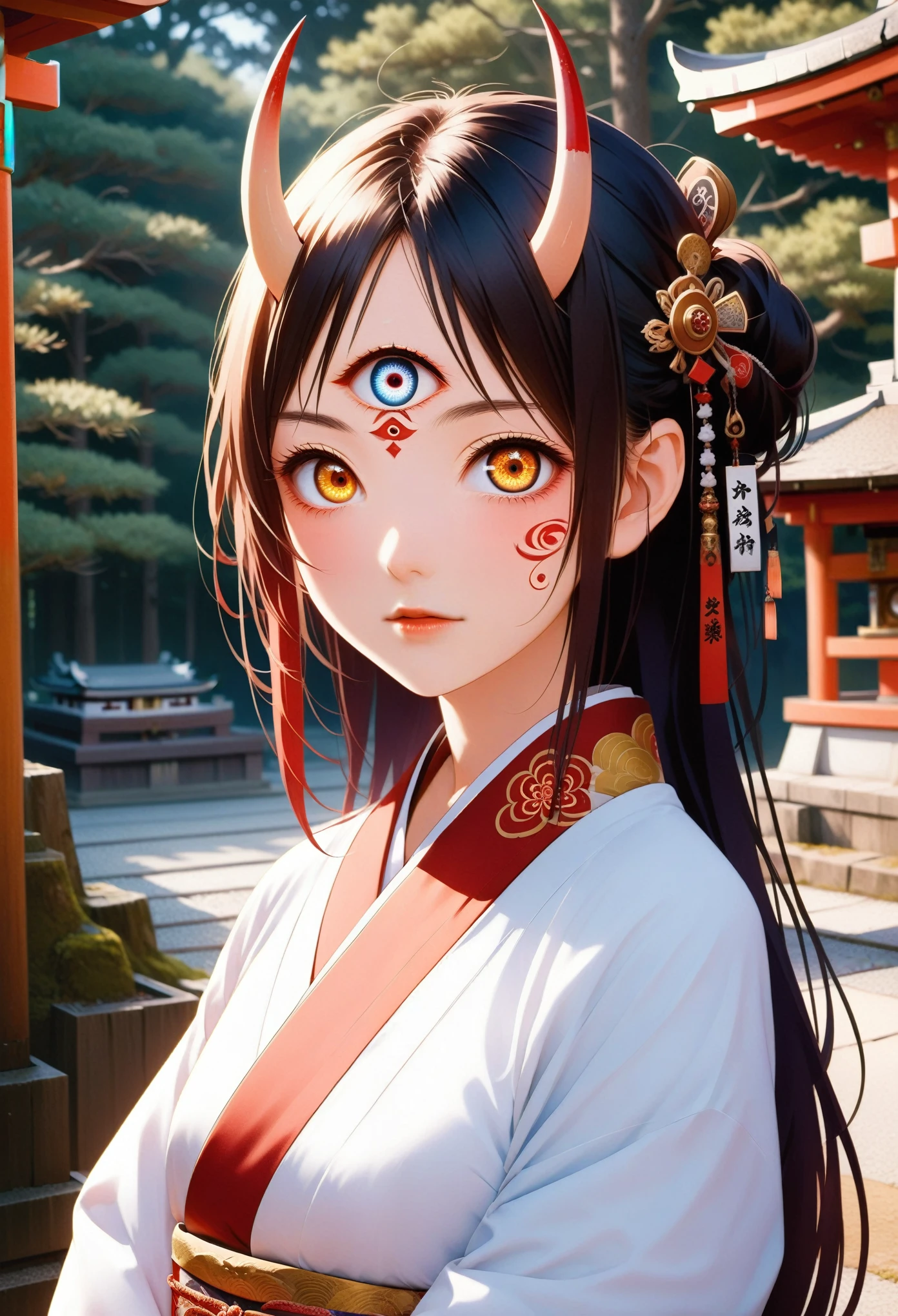 score_9, score_8_up, score_7_up, Japanese ONI-girl, (1girl, solo), 20years old, (upper body, portrait), black long hair, fore head, red tattoo on face, red ONI horns, (gold eye, third eye), white Kimono, looking at viewer, (forest, Japanese shrine)